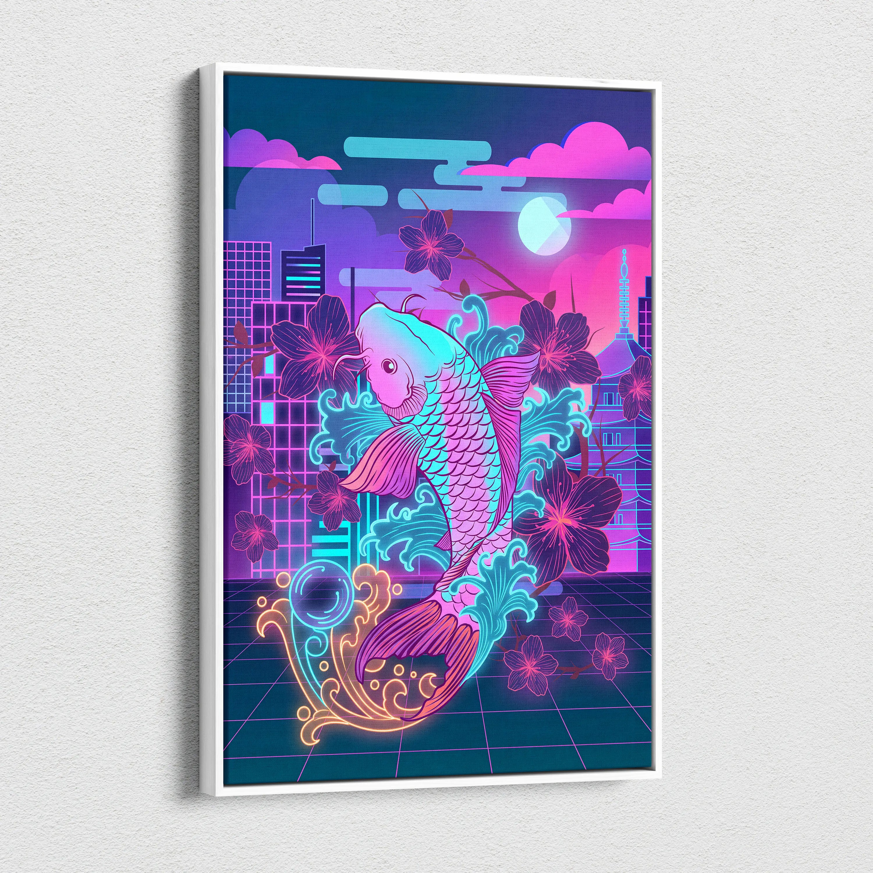 Neon Koi Sakura Vaporwave - Japan Vaporwave Koi Sakura Neon City Living Room Mood Neon Aesthetic Gallery Canvas