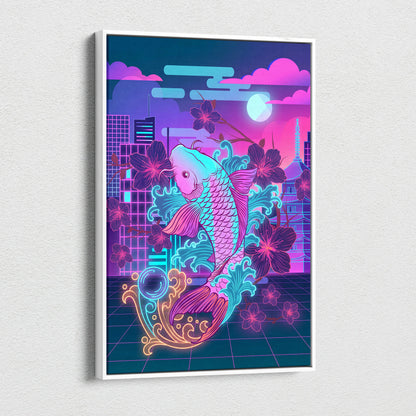 Neon Koi Sakura Vaporwave - Japan Vaporwave Koi Sakura Neon City Living Room Mood Neon Aesthetic Gallery Canvas