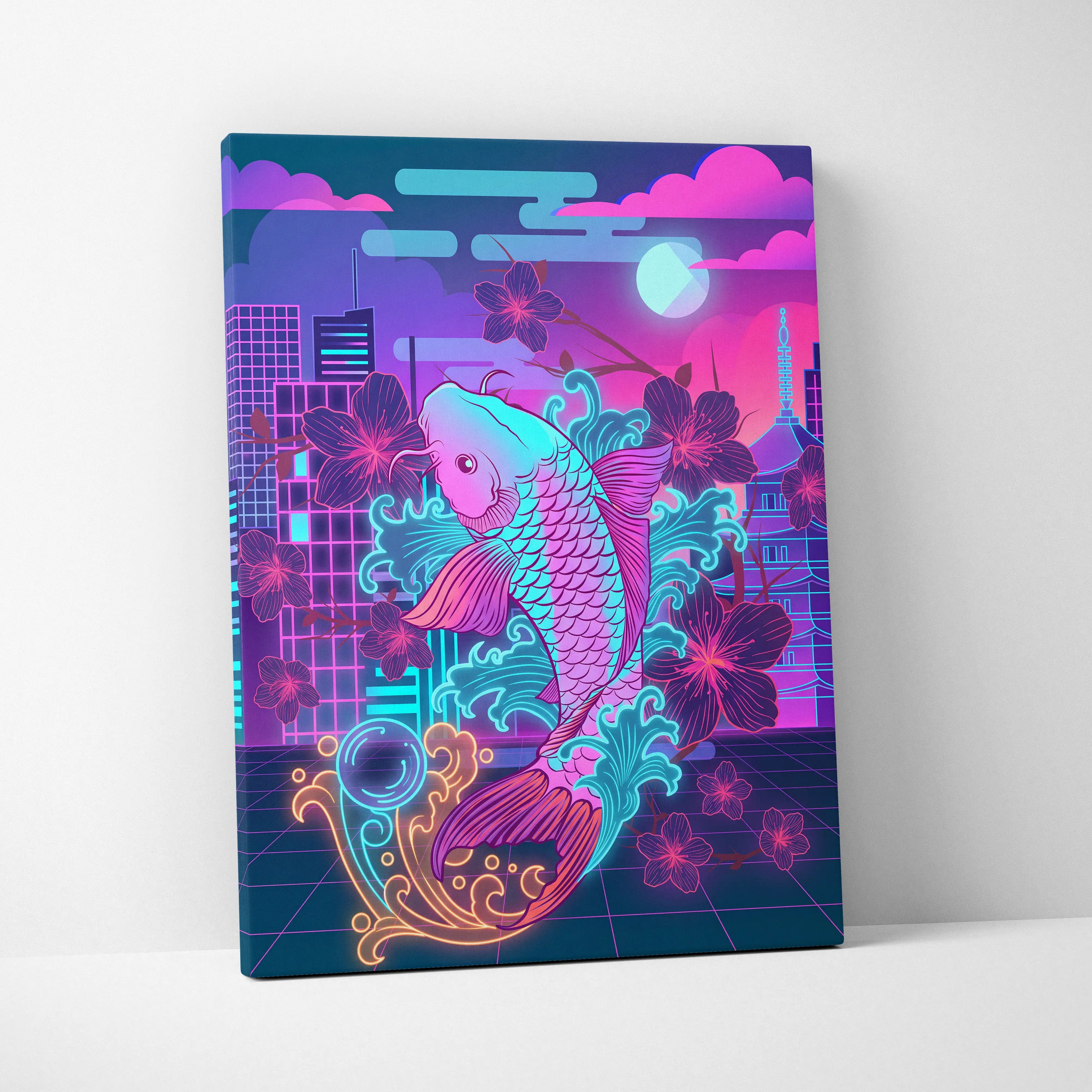 Neon Koi Sakura Vaporwave - Japan Vaporwave Koi Sakura Neon City Living Room Mood Neon Aesthetic Gallery Canvas