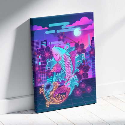 Neon Koi Sakura Vaporwave - Japan Vaporwave Koi Sakura Neon City Living Room Mood Neon Aesthetic Gallery Canvas