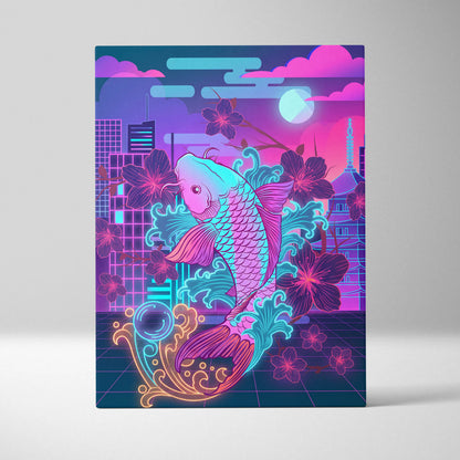 Neon Koi Sakura Vaporwave - Japan Vaporwave Koi Sakura Neon City Living Room Mood Neon Aesthetic Gallery Canvas