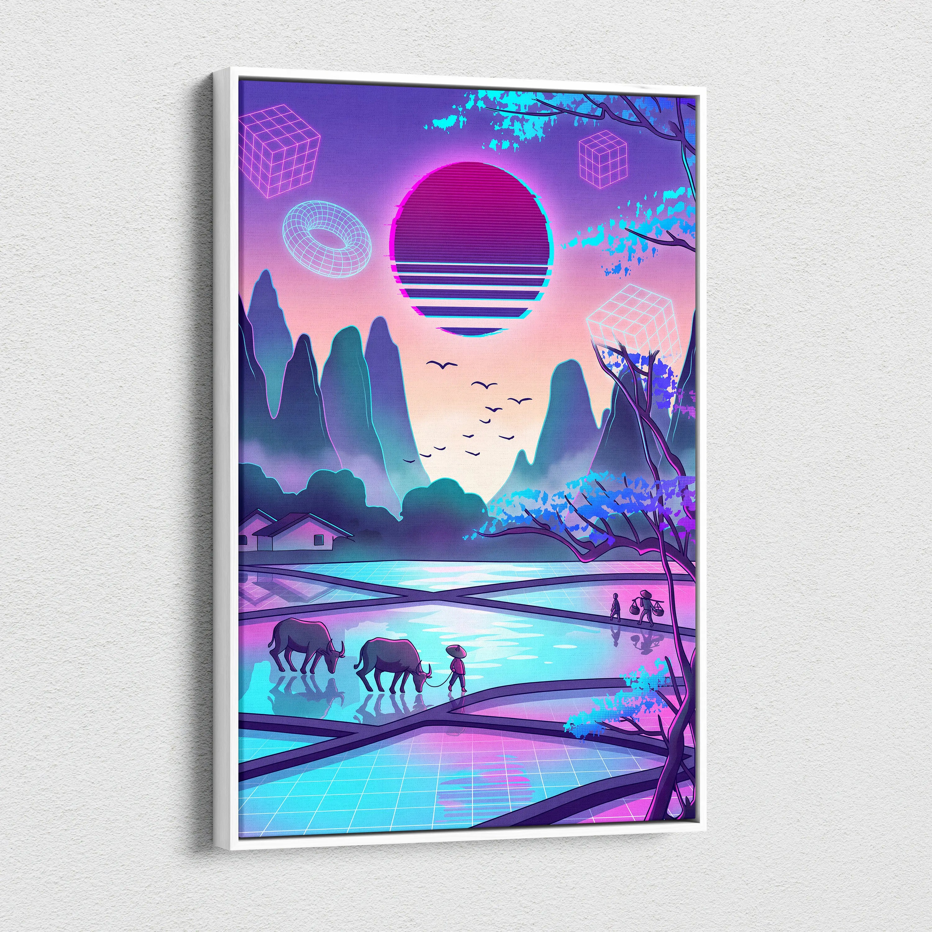 Sakura Vaporwave Neon Sunset - Sakura Neon Sunset Pastel Living Room Vaporwave Dreamy Neon Japanese Landscape Canvas
