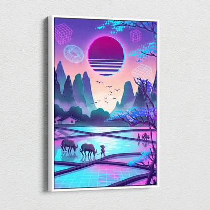 Sakura Vaporwave Neon Sunset - Sakura Neon Sunset Pastel Living Room Vaporwave Dreamy Neon Japanese Landscape Canvas