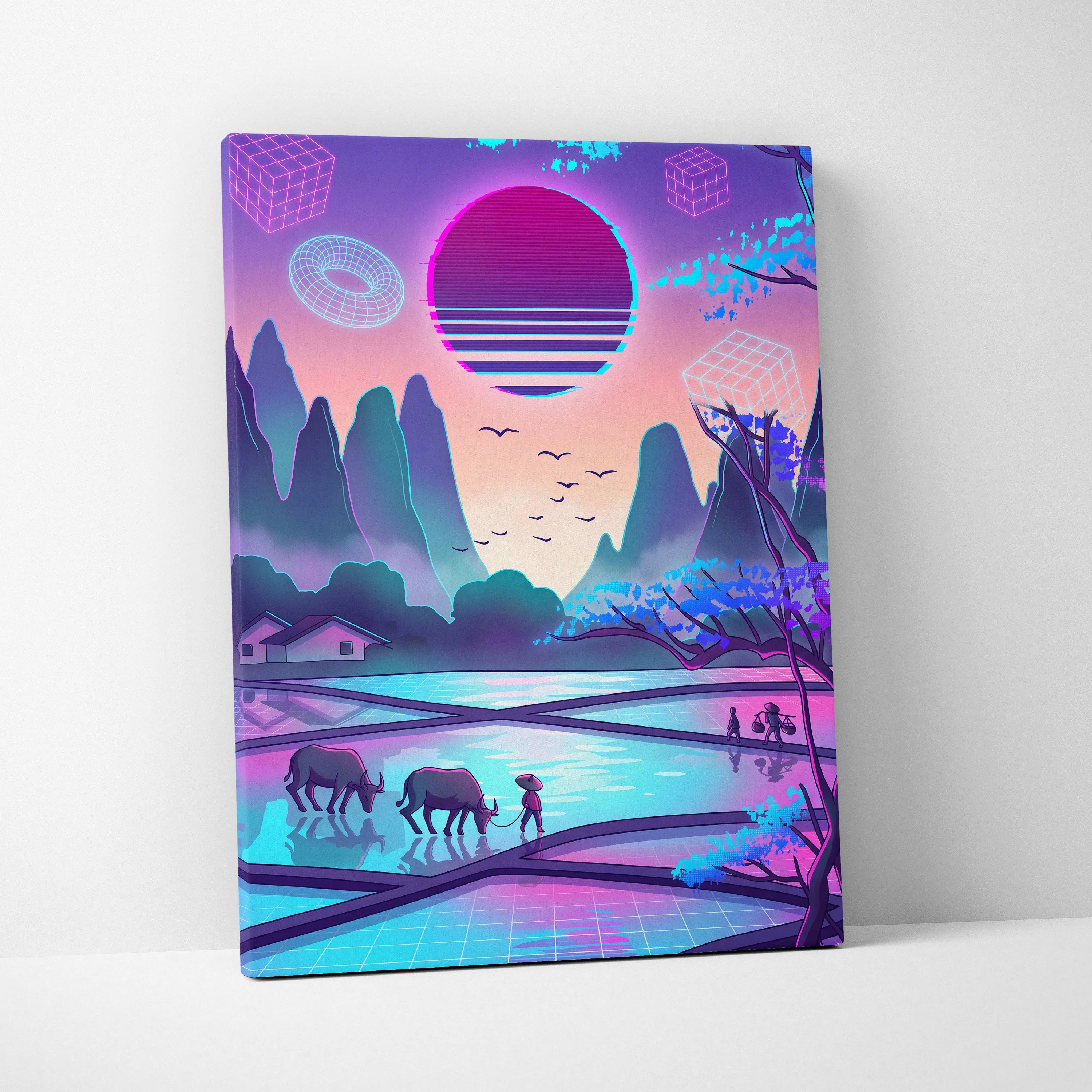 Sakura Vaporwave Neon Sunset - Sakura Neon Sunset Pastel Living Room Vaporwave Dreamy Neon Japanese Landscape Canvas