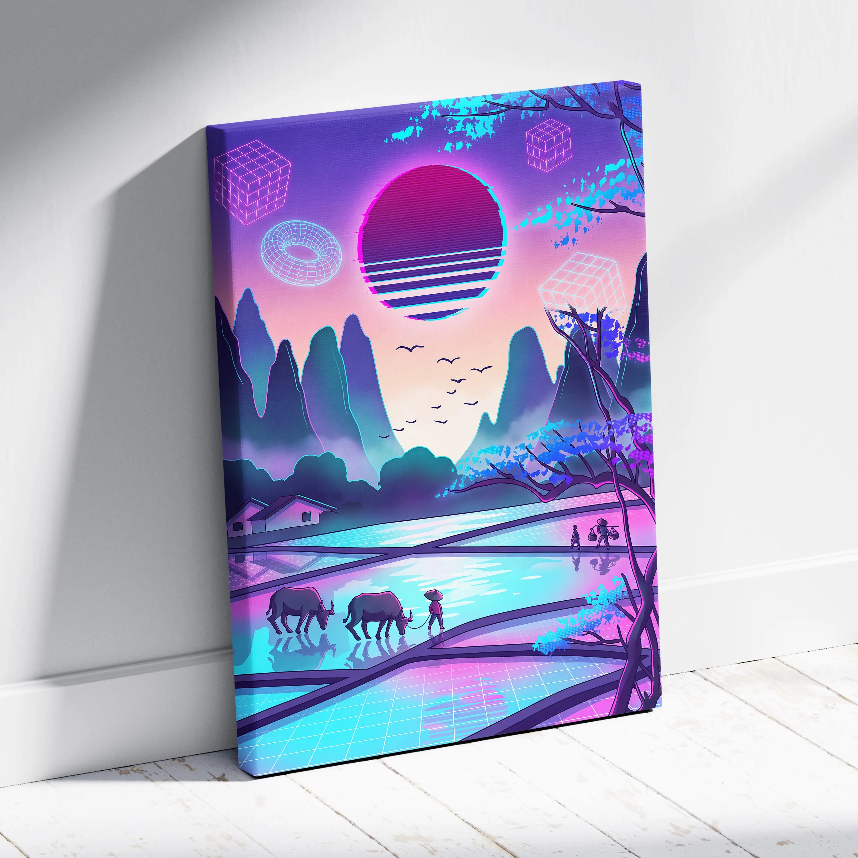 Sakura Vaporwave Neon Sunset - Sakura Neon Sunset Pastel Living Room Vaporwave Dreamy Neon Japanese Landscape Canvas