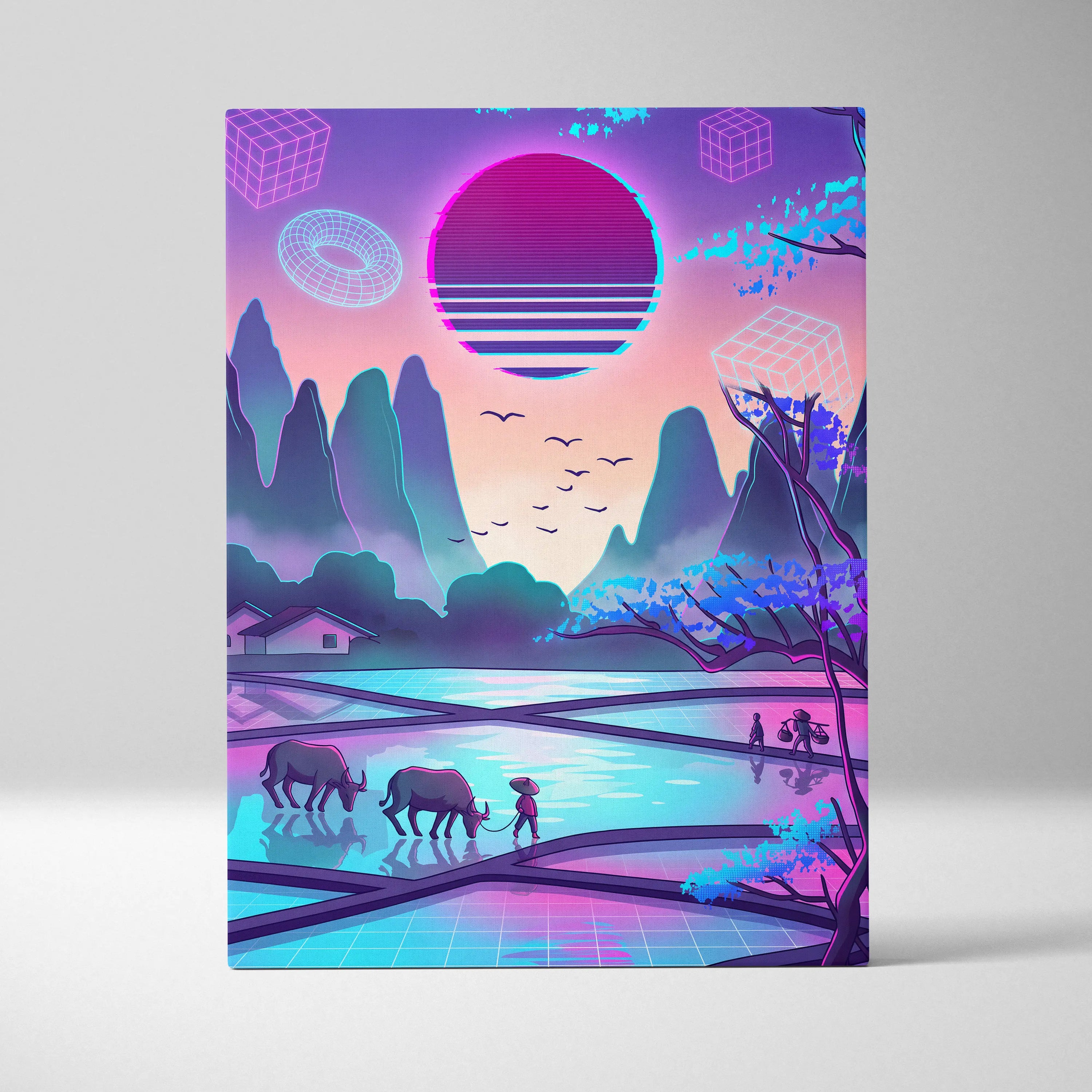 Sakura Vaporwave Neon Sunset - Sakura Neon Sunset Pastel Living Room Vaporwave Dreamy Neon Japanese Landscape Canvas