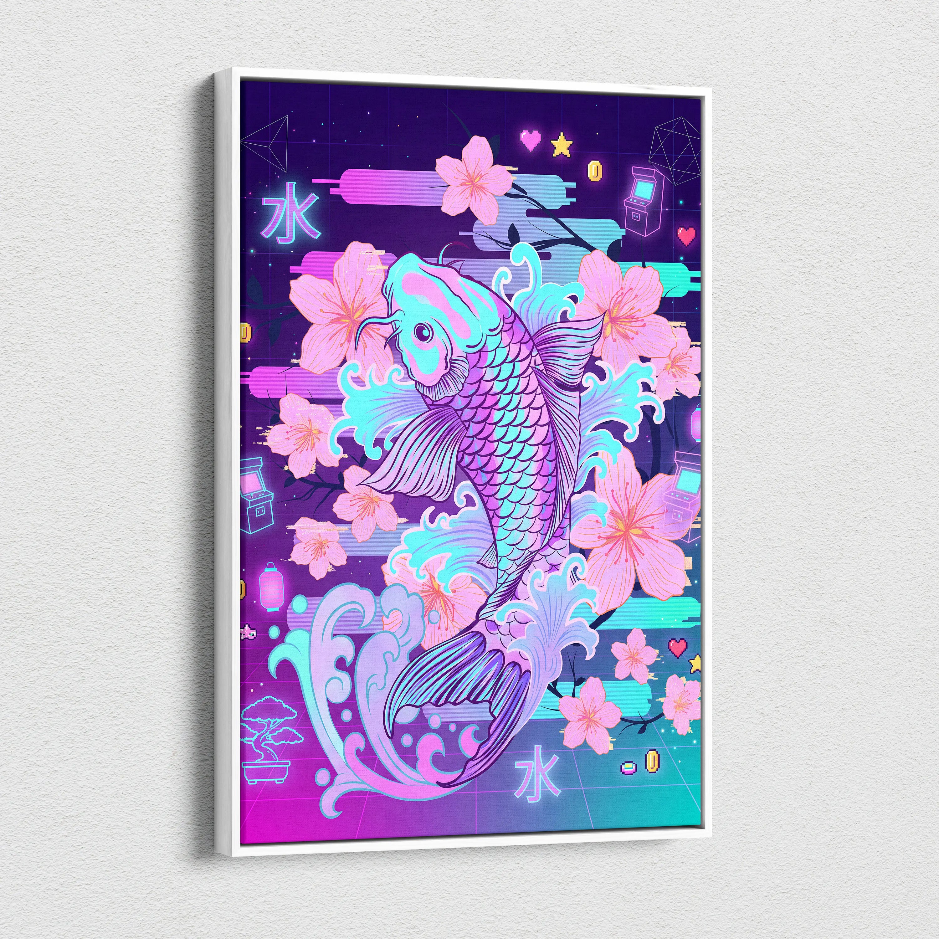 Vaporwave Sakura Neon Canvas - Koi Fish Pink Purple Aqua Living Room Vaporwave Dreamy Nostalgic Retro Wall Art Canvas