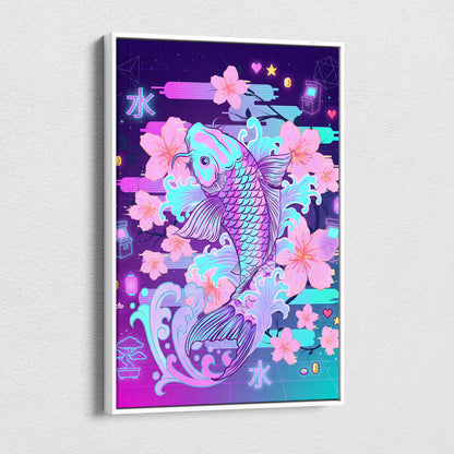 Vaporwave Sakura Neon Canvas - Koi Fish Pink Purple Aqua Living Room Vaporwave Dreamy Nostalgic Retro Wall Art Canvas