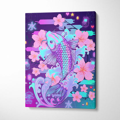 Vaporwave Sakura Neon Canvas - Koi Fish Pink Purple Aqua Living Room Vaporwave Dreamy Nostalgic Retro Wall Art Canvas