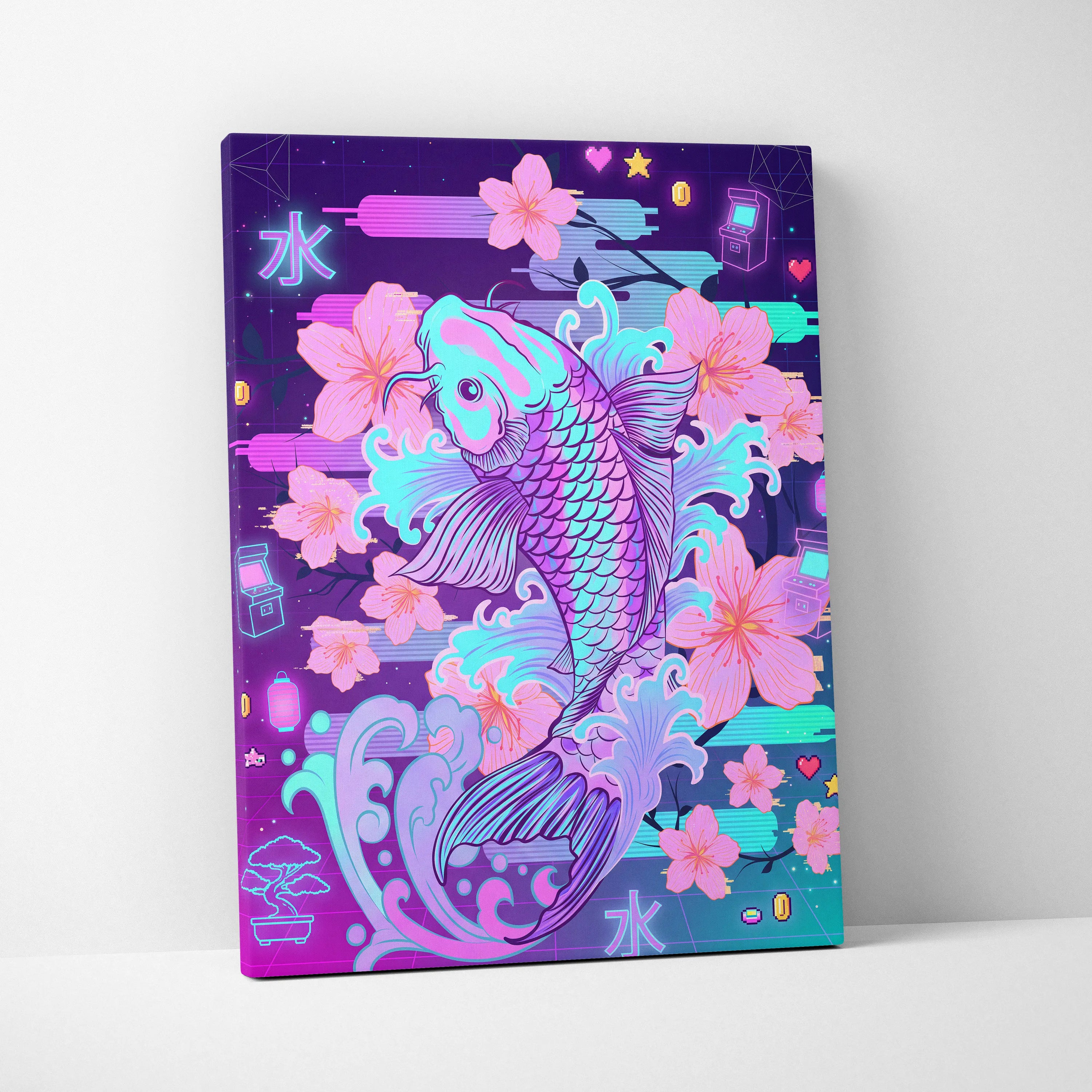 Vaporwave Sakura Neon Canvas - Koi Fish Pink Purple Aqua Living Room Vaporwave Dreamy Nostalgic Retro Wall Art Canvas