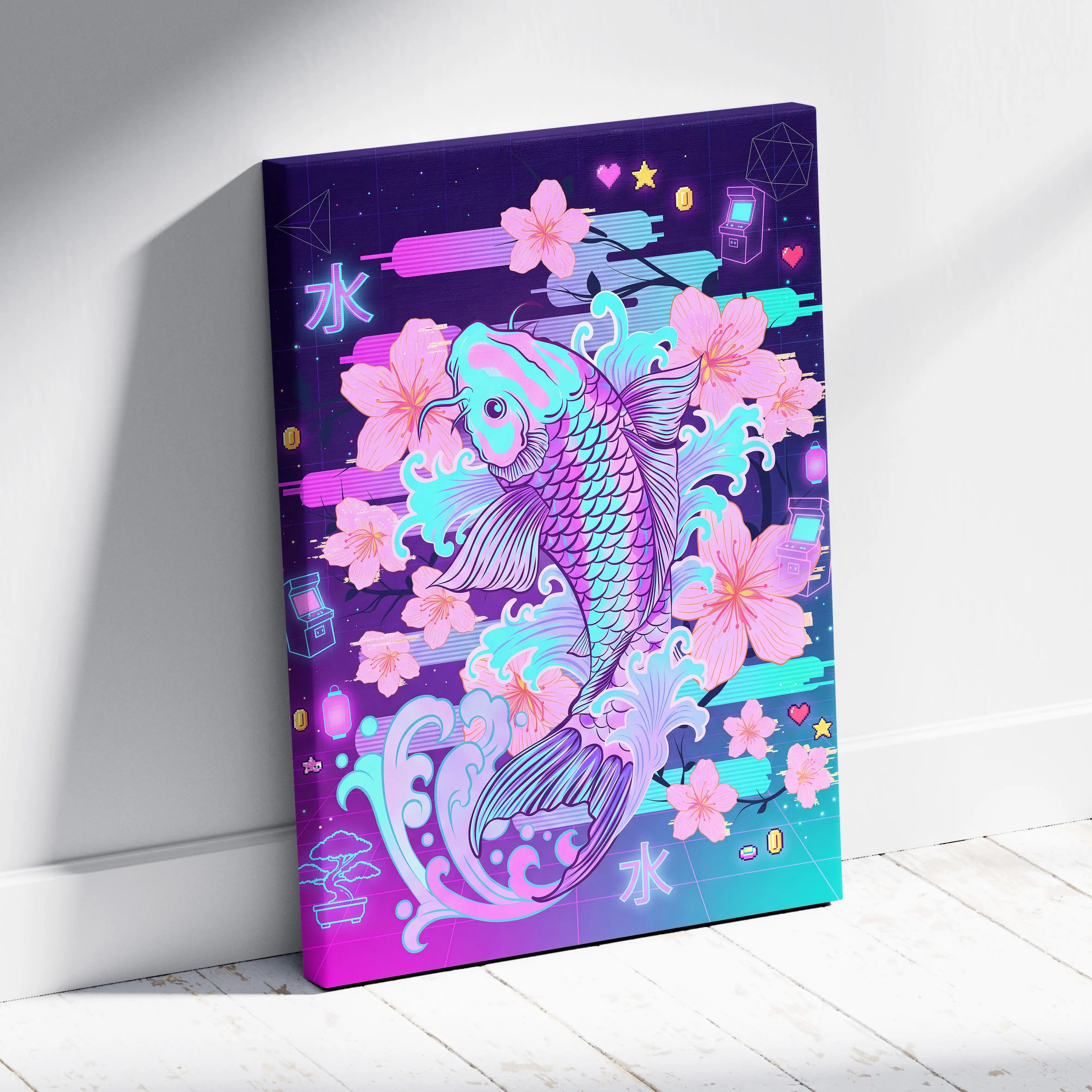 Vaporwave Sakura Neon Canvas - Koi Fish Pink Purple Aqua Living Room Vaporwave Dreamy Nostalgic Retro Wall Art Canvas