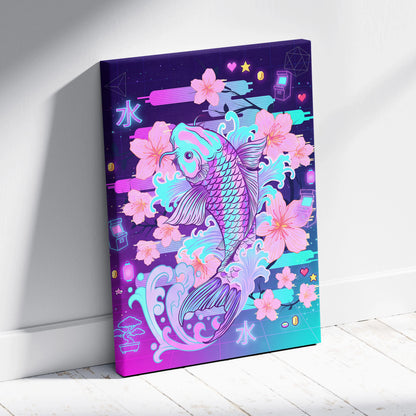 Vaporwave Sakura Neon Canvas - Koi Fish Pink Purple Aqua Living Room Vaporwave Dreamy Nostalgic Retro Wall Art Canvas