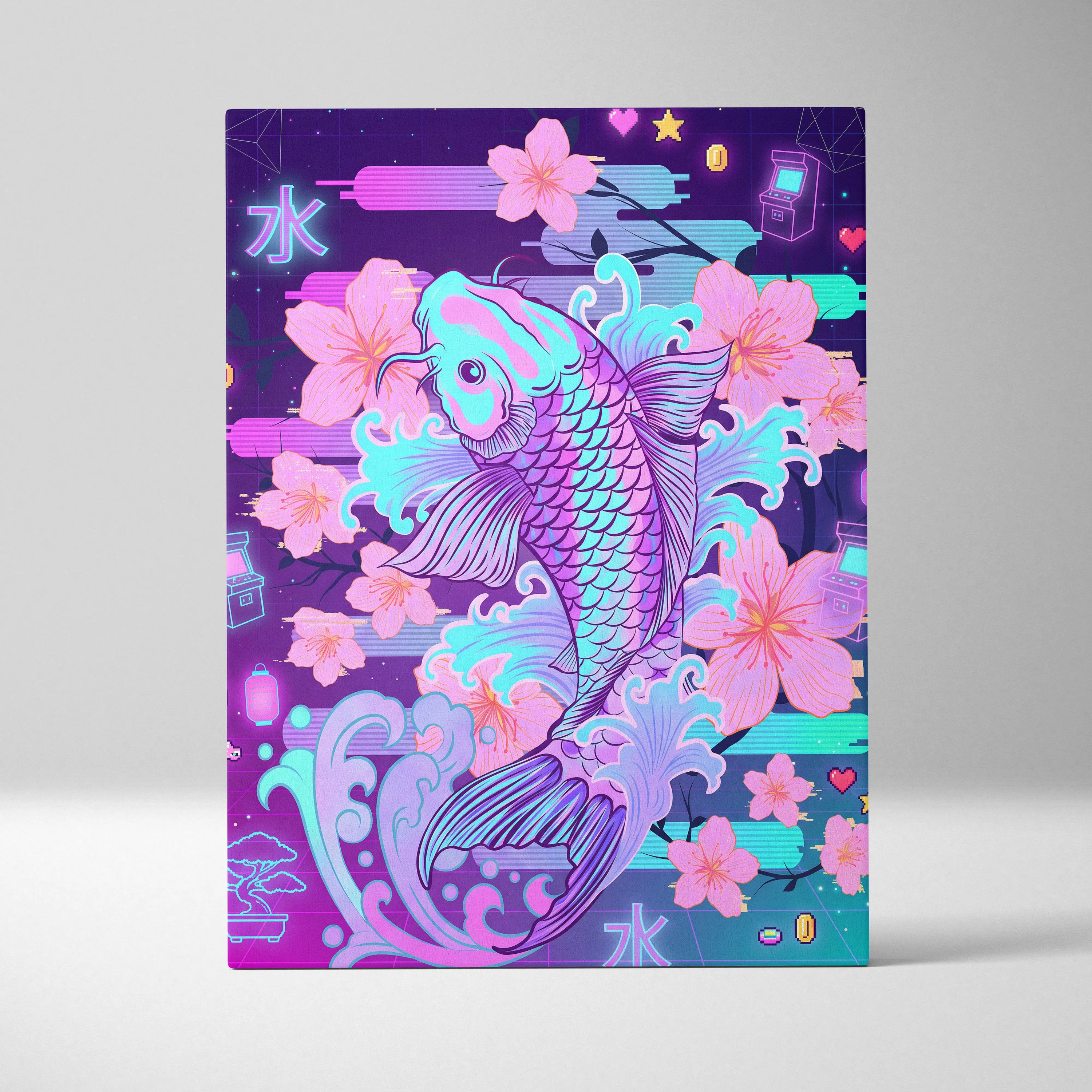 Vaporwave Sakura Neon Canvas - Koi Fish Pink Purple Aqua Living Room Vaporwave Dreamy Nostalgic Retro Wall Art Canvas