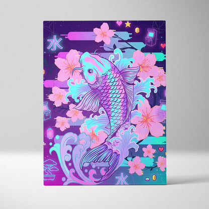 Vaporwave Sakura Neon Canvas - Koi Fish Pink Purple Aqua Living Room Vaporwave Dreamy Nostalgic Retro Wall Art Canvas