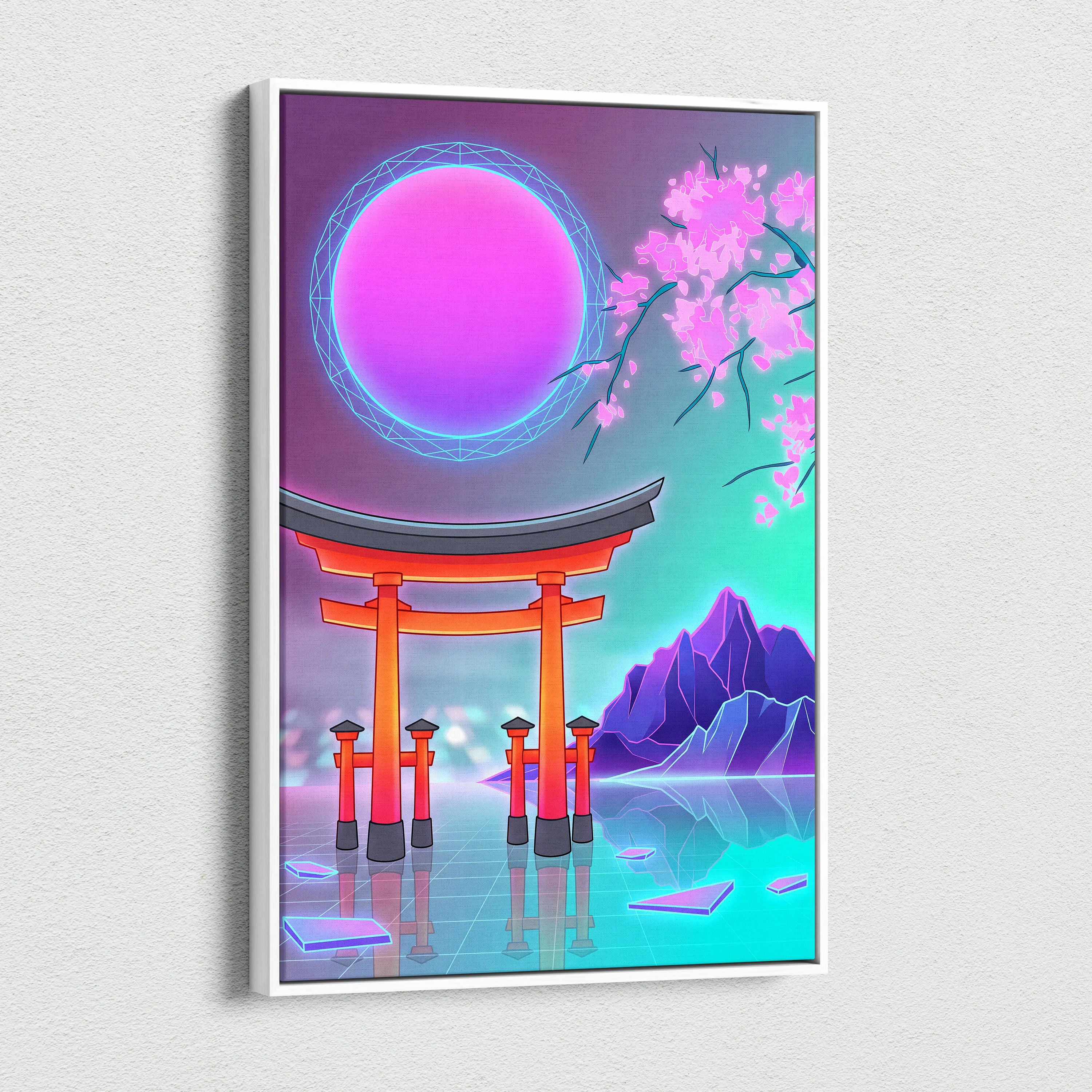 Vaporwave Fuji Bloom Canvas - Fuji Blossom Vaporwave Wall Art Living Room Neon Dreamy Neon Mood Modern Pop Decor Canvas