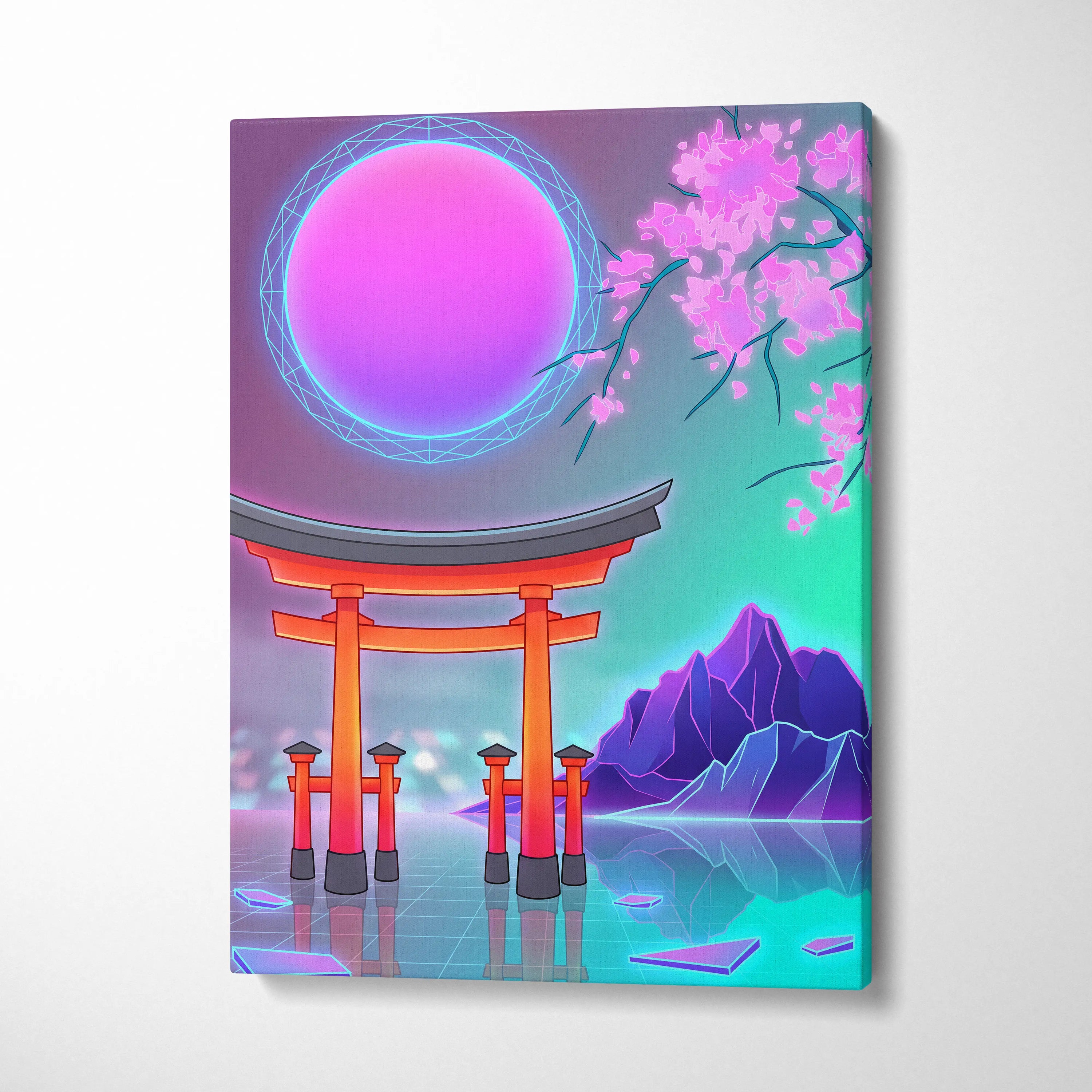 Vaporwave Fuji Bloom Canvas - Fuji Blossom Vaporwave Wall Art Living Room Neon Dreamy Neon Mood Modern Pop Decor Canvas