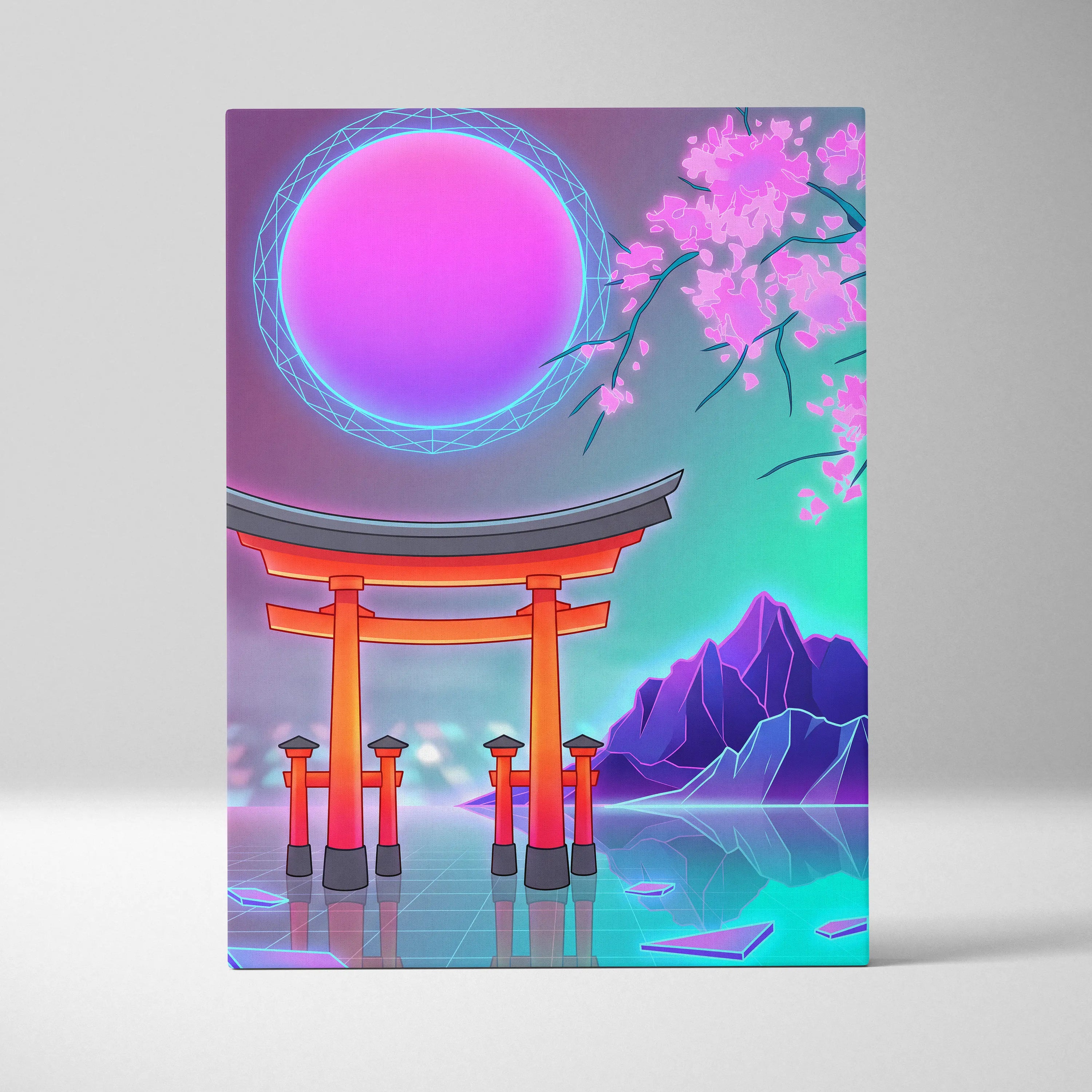 Vaporwave Fuji Bloom Canvas - Fuji Blossom Vaporwave Wall Art Living Room Neon Dreamy Neon Mood Modern Pop Decor Canvas