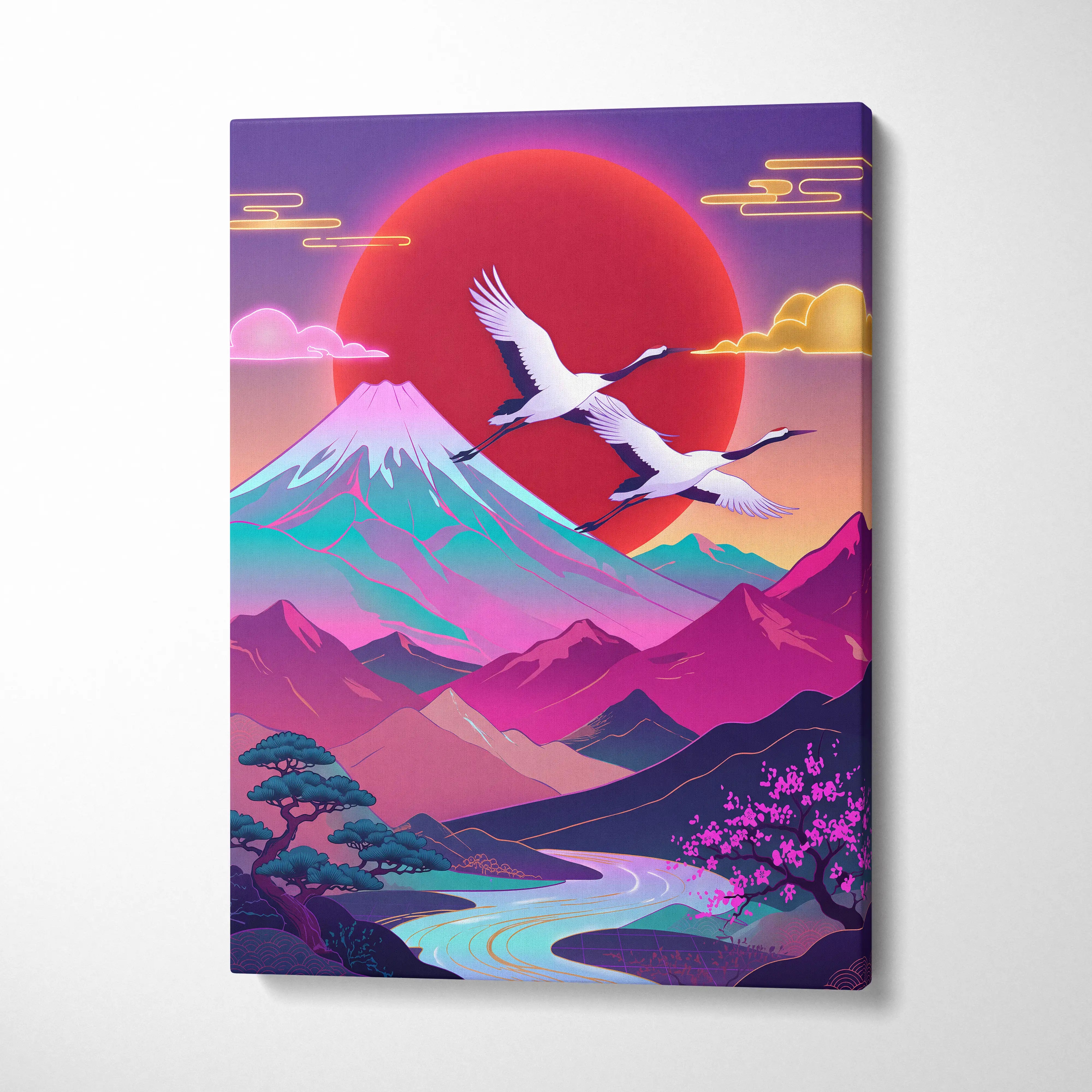 Vaporwave Fuji Neon Sunset - Fuji Neon Pastel Living Room Vaporwave - Dreamy Mood Japanese Landscape Decor Canvas Print