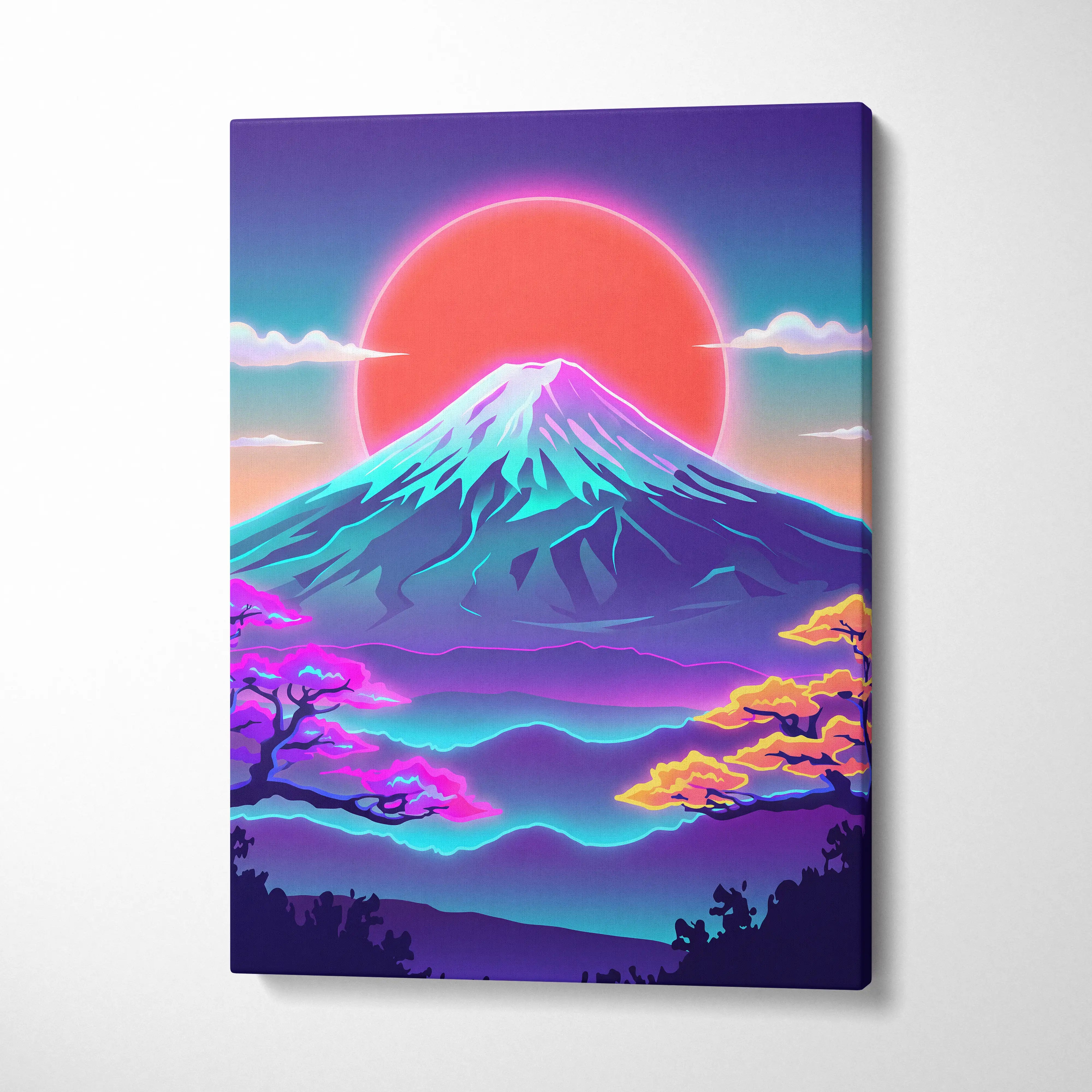 Neon Fuji Sunset Canvas - Vaporwave Mount Fuji Pastel Neon Wall Art Living Room Dreamy Mood Japanese Landscape Canvas