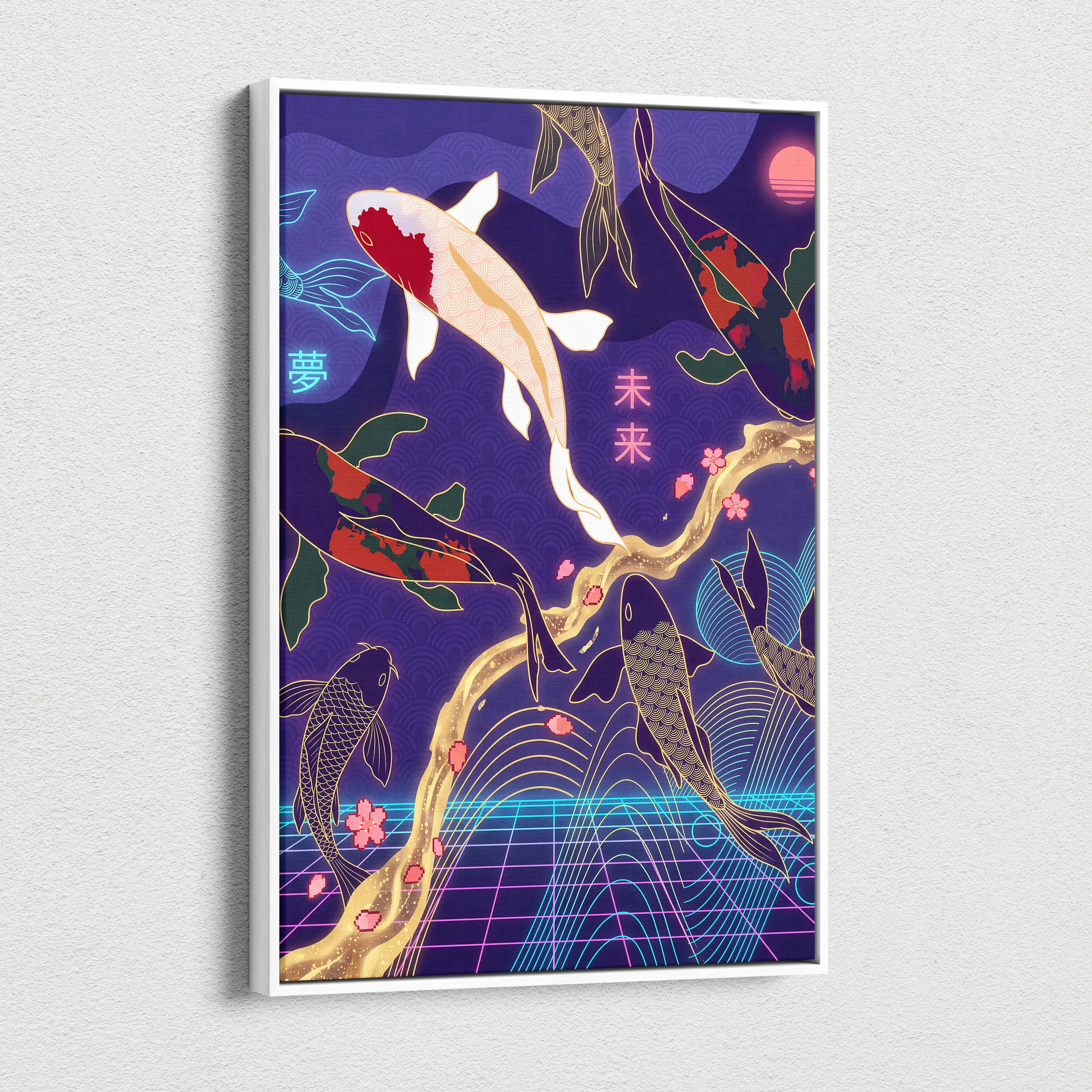 Koi Fuji Neon Pastel Purple Wall Art - Dreamy Nostalgic Mood Retro Futurism Living Room Wall Decor Canvas Art