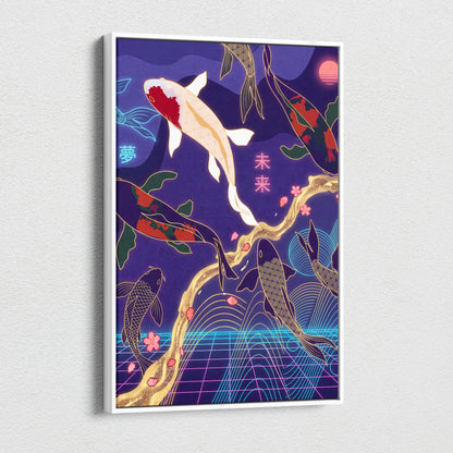 Koi Fuji Neon Pastel Purple Wall Art - Dreamy Nostalgic Mood Retro Futurism Living Room Wall Decor Canvas Art