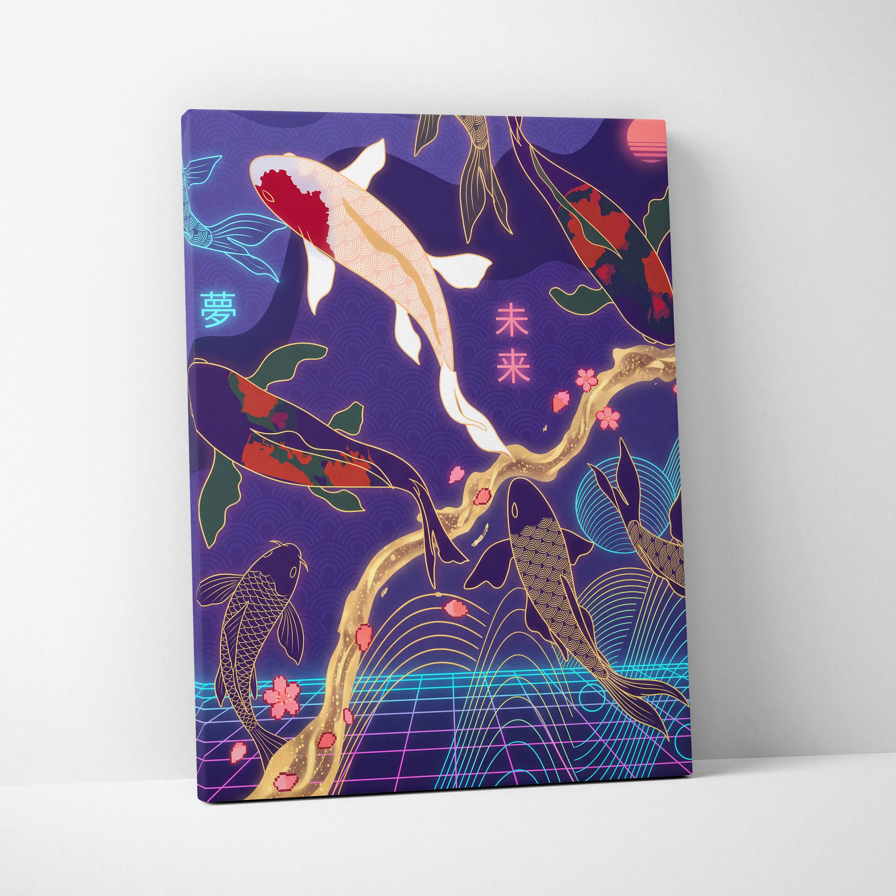 Koi Fuji Neon Pastel Purple Wall Art - Dreamy Nostalgic Mood Retro Futurism Living Room Wall Decor Canvas Art