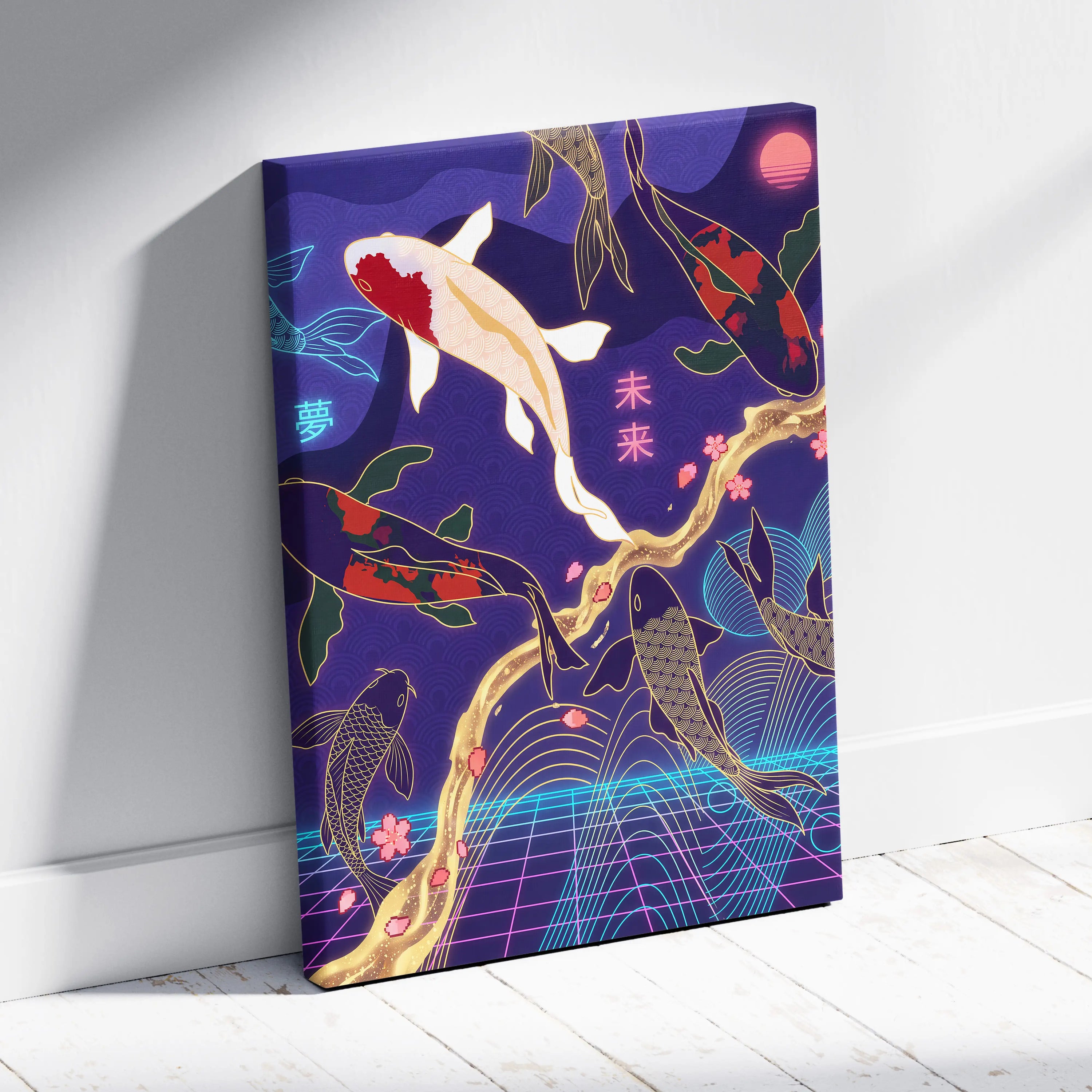 Koi Fuji Neon Pastel Purple Wall Art - Dreamy Nostalgic Mood Retro Futurism Living Room Wall Decor Canvas Art