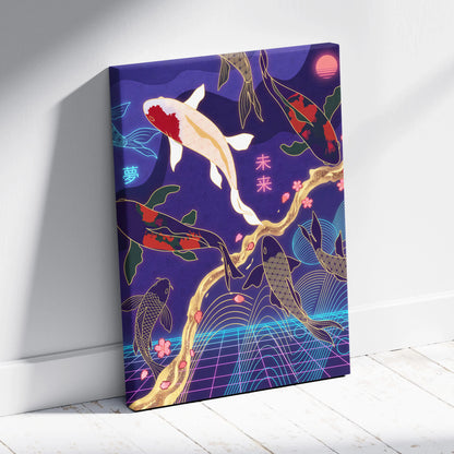 Koi Fuji Neon Pastel Purple Wall Art - Dreamy Nostalgic Mood Retro Futurism Living Room Wall Decor Canvas Art