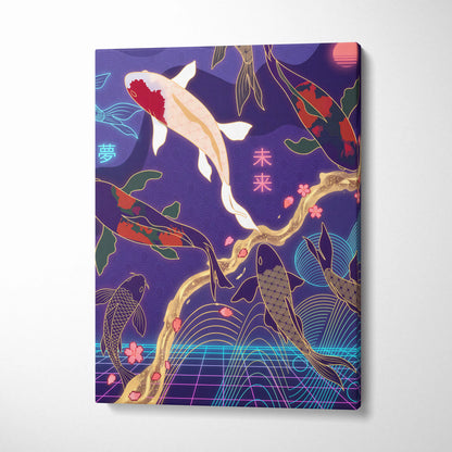 Koi Fuji Neon Pastel Purple Wall Art - Dreamy Nostalgic Mood Retro Futurism Living Room Wall Decor Canvas Art