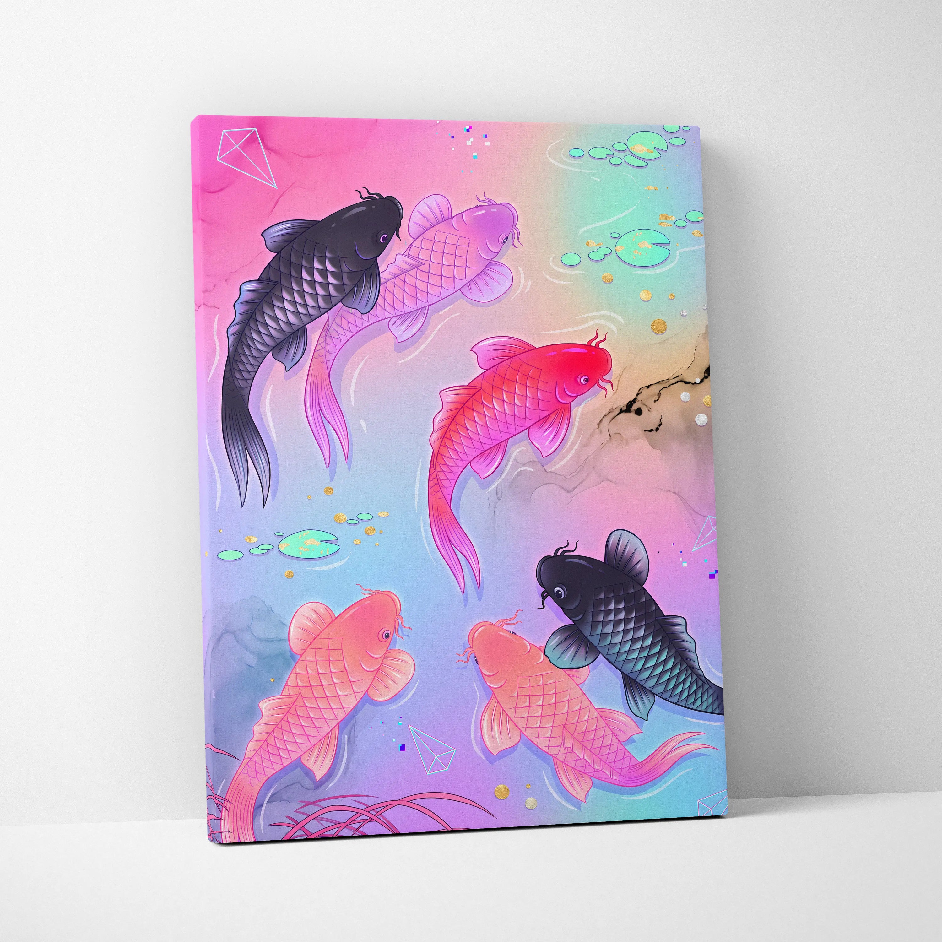 Pastel Neon Koi Vaporwave Canvas - Koi Pastel Neon Living Room Vaporwave Dreamy Mood Modern Decor Japanese Art Canvas