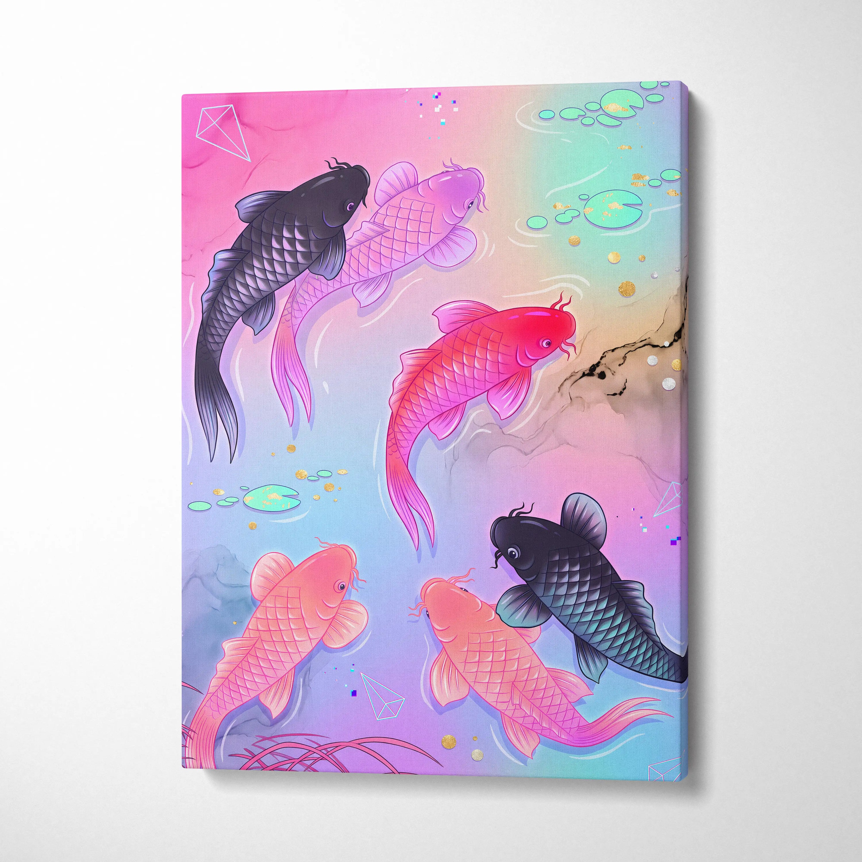 Pastel Neon Koi Vaporwave Canvas - Koi Pastel Neon Living Room Vaporwave Dreamy Mood Modern Decor Japanese Art Canvas