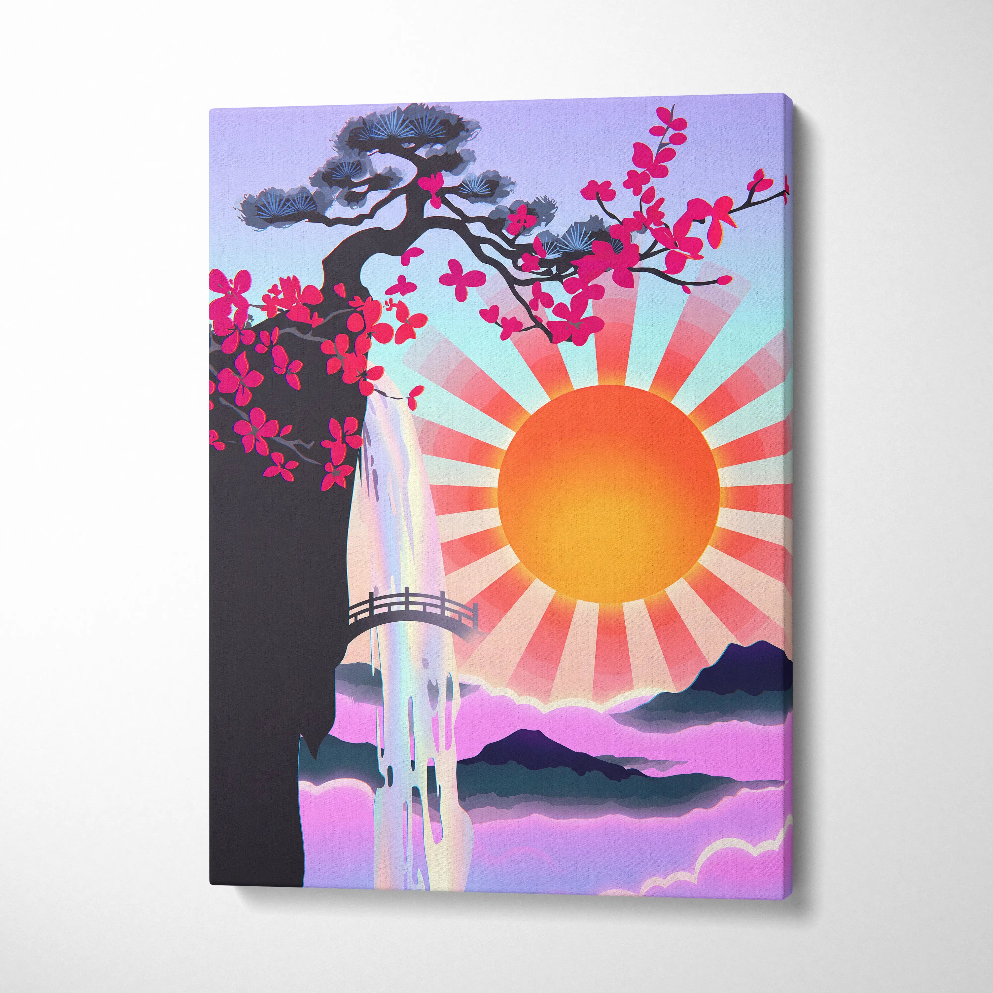 Vaporwave Sakura Sunrise Canvas - Japan Vaporwave Pastel Neon Living Room Retro Art Dreamy Nostalgic Mood Canvas Print