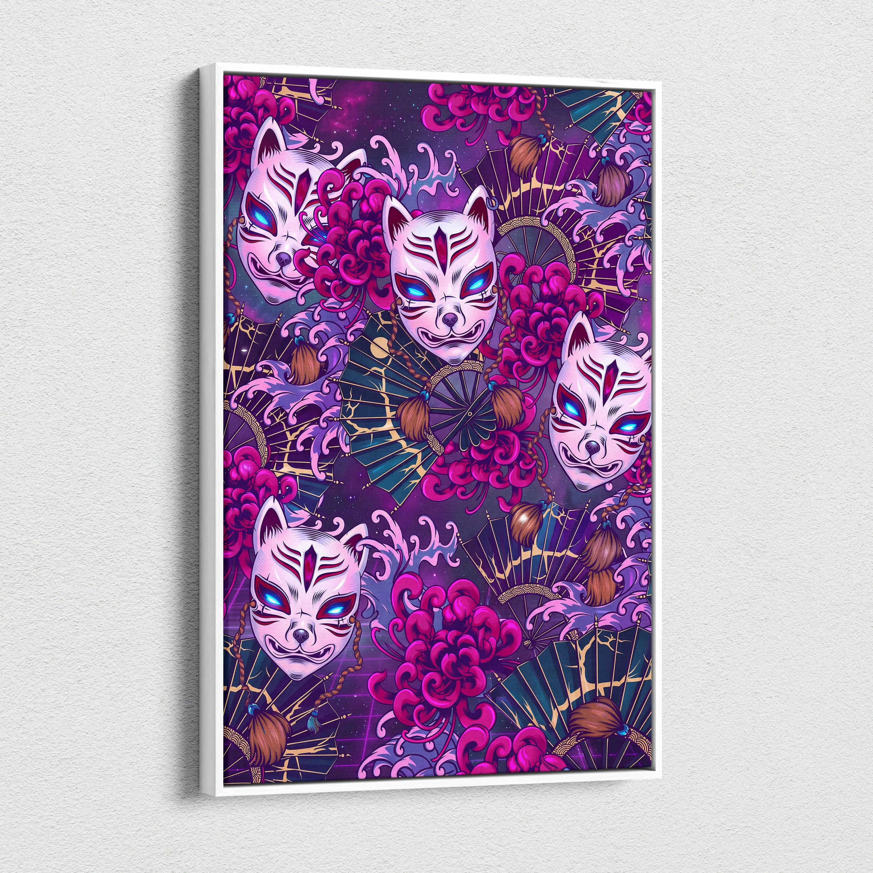 Vaporwave Kitsune Masks Canvas - Kitsune Masks Neon Pink Blue Living Room Vaporwave Dreamy Neon Japanese Art Canvas