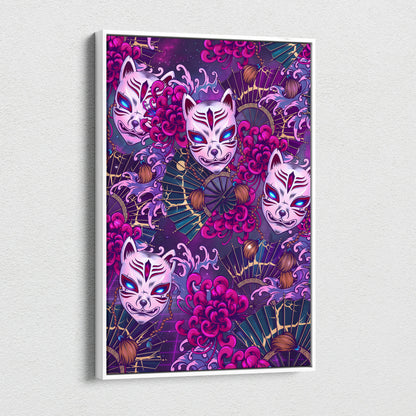 Vaporwave Kitsune Masks Canvas - Kitsune Masks Neon Pink Blue Living Room Vaporwave Dreamy Neon Japanese Art Canvas
