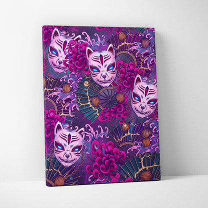 Vaporwave Kitsune Masks Canvas - Kitsune Masks Neon Pink Blue Living Room Vaporwave Dreamy Neon Japanese Art Canvas