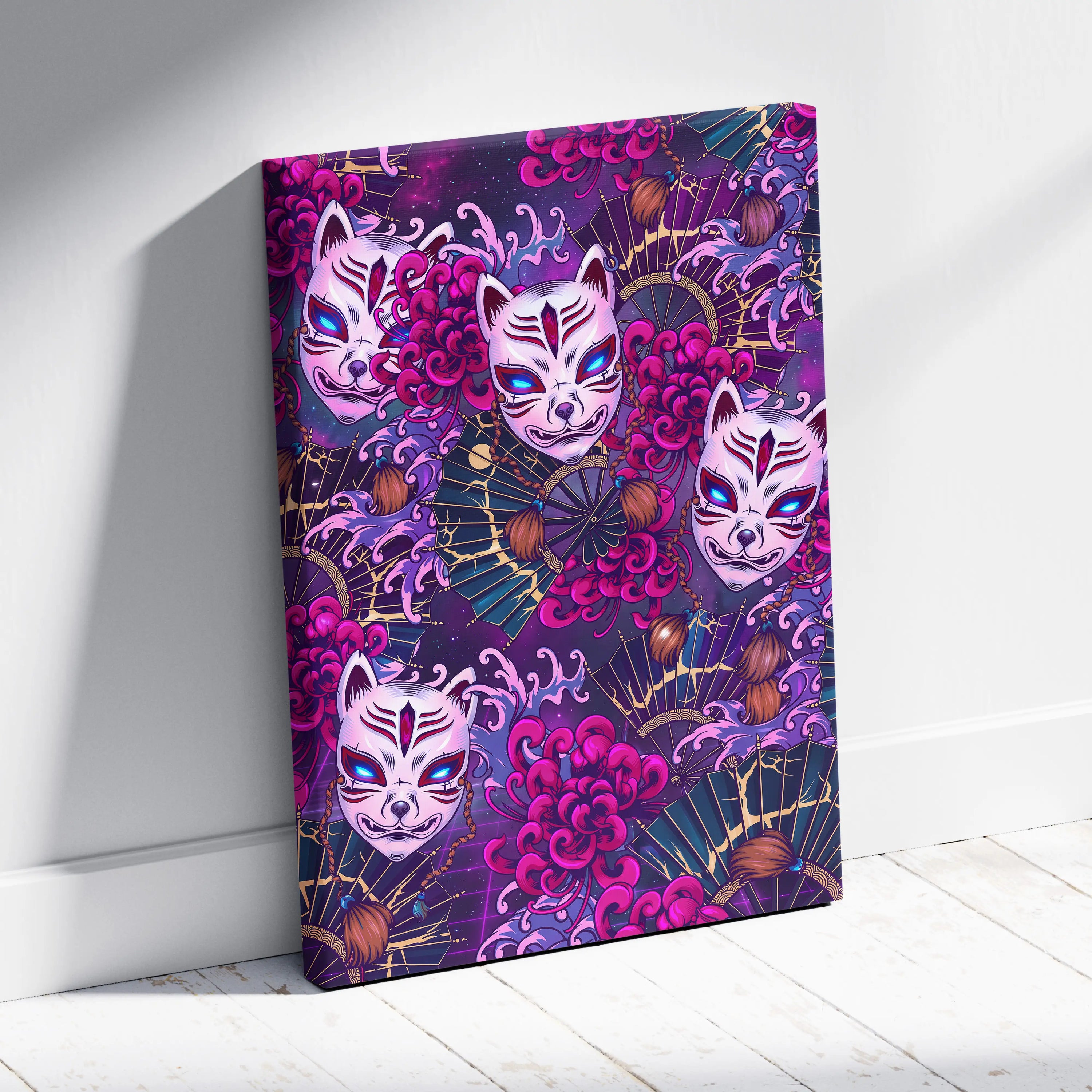 Vaporwave Kitsune Masks Canvas - Kitsune Masks Neon Pink Blue Living Room Vaporwave Dreamy Neon Japanese Art Canvas