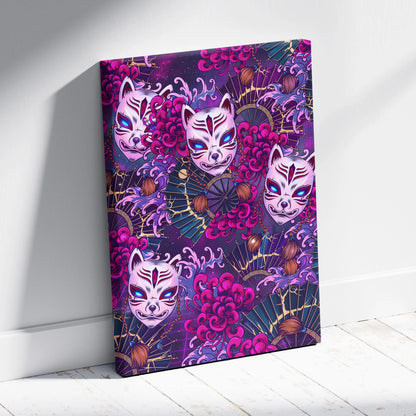 Vaporwave Kitsune Masks Canvas - Kitsune Masks Neon Pink Blue Living Room Vaporwave Dreamy Neon Japanese Art Canvas