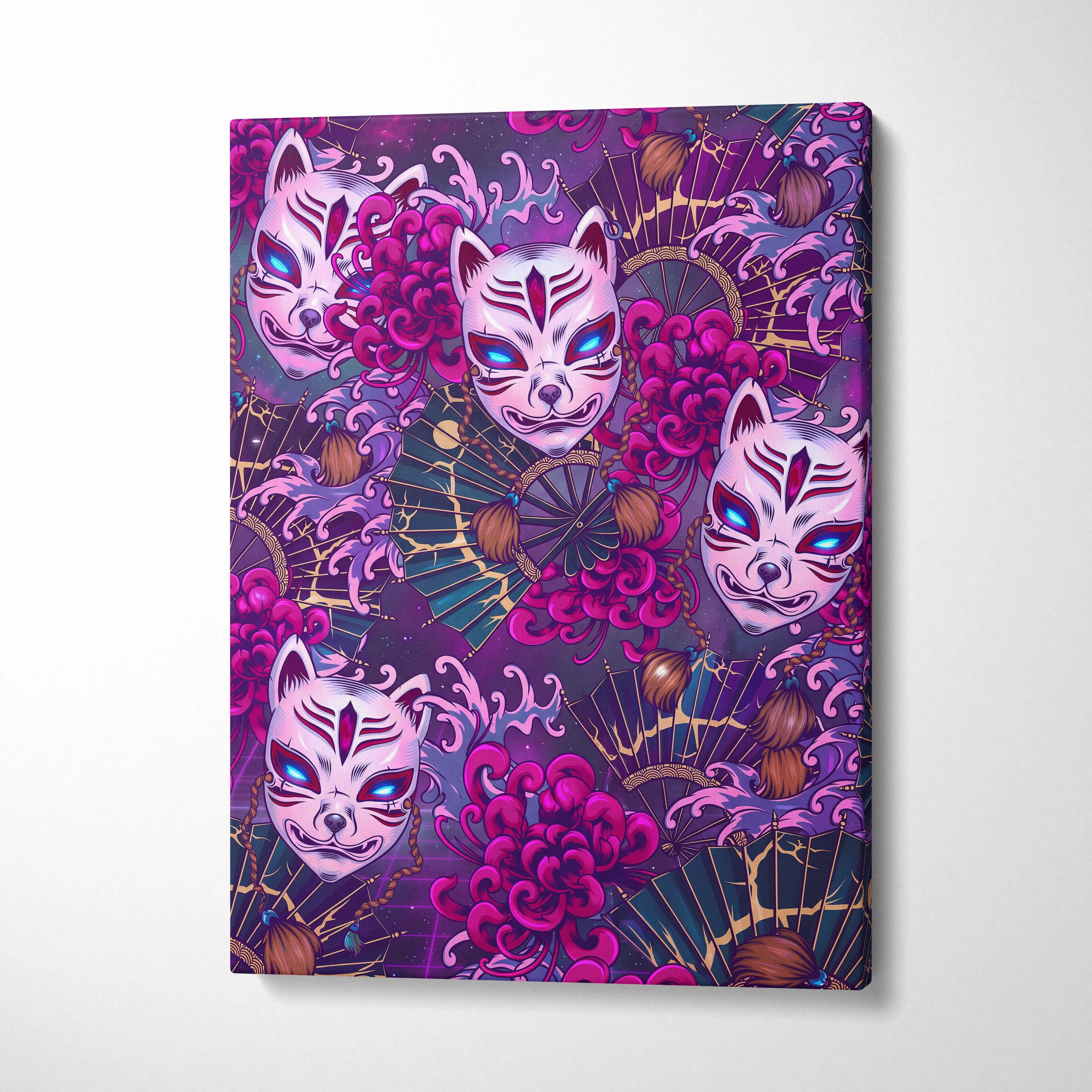 Vaporwave Kitsune Masks Canvas - Kitsune Masks Neon Pink Blue Living Room Vaporwave Dreamy Neon Japanese Art Canvas