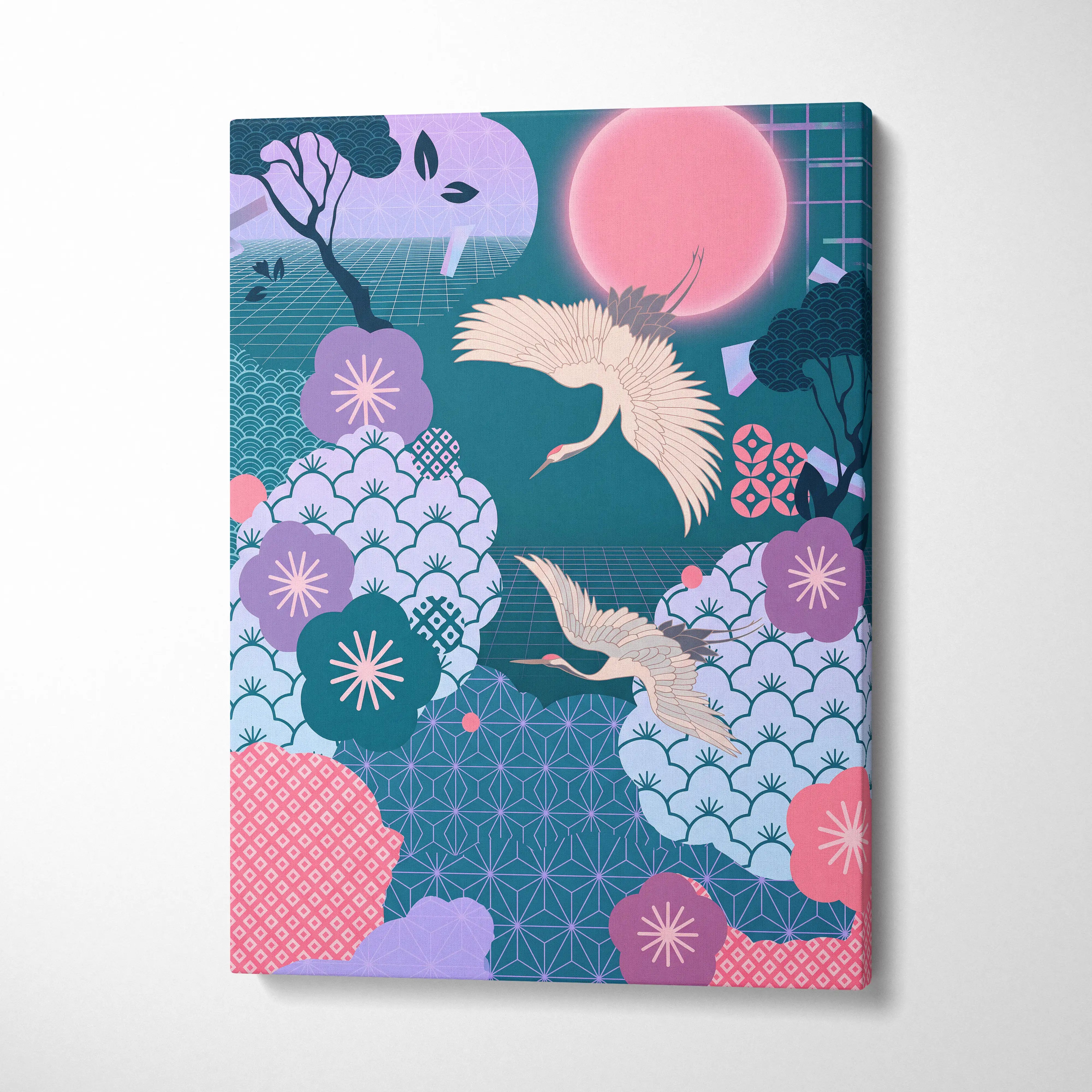Pastel Vaporwave Japan Landscape Canvas - Japan Landscape Pink Teal Vaporwave Dreamy Retro Futurist Japanese Art Canvas