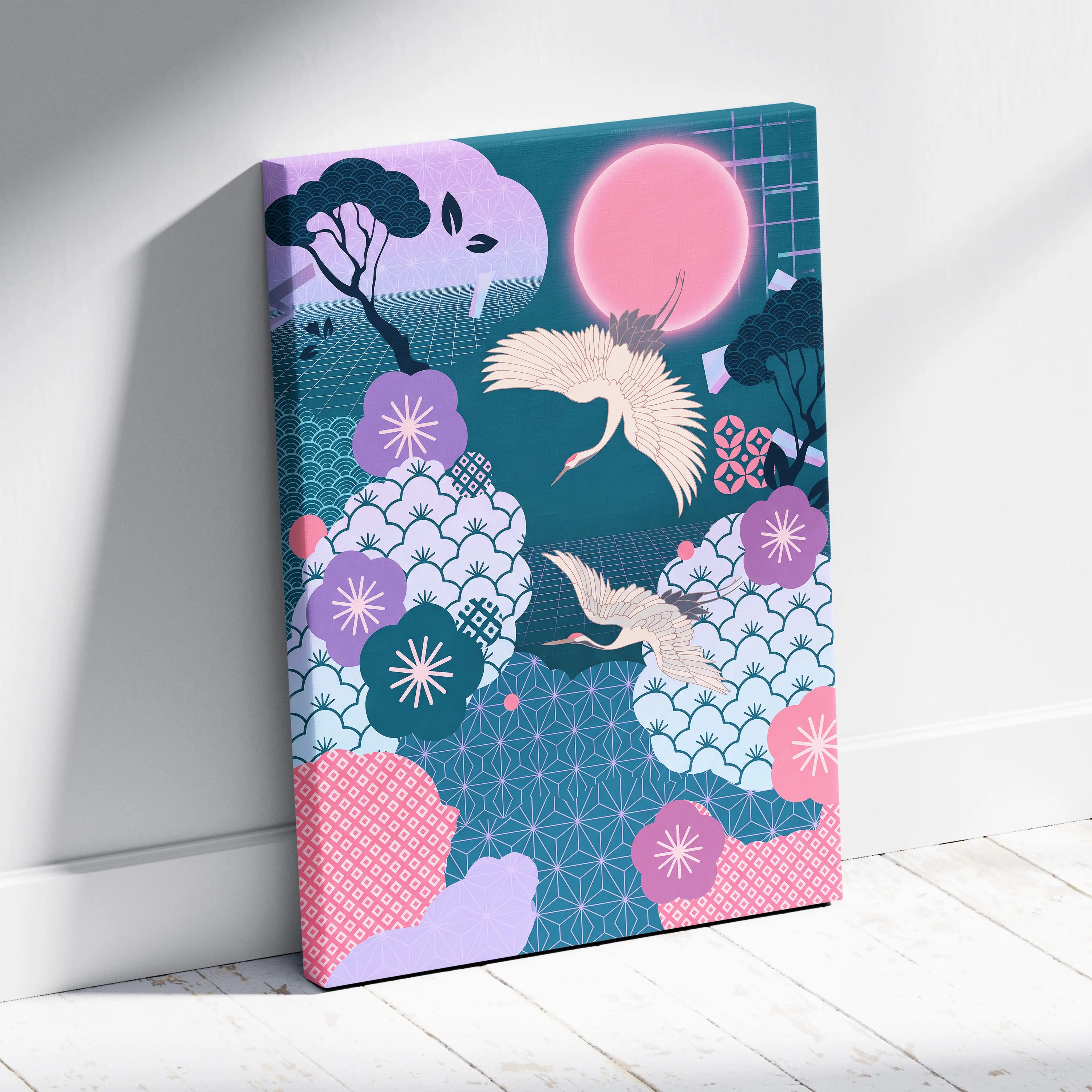 Pastel Vaporwave Japan Landscape Canvas - Japan Landscape Pink Teal Vaporwave Dreamy Retro Futurist Japanese Art Canvas