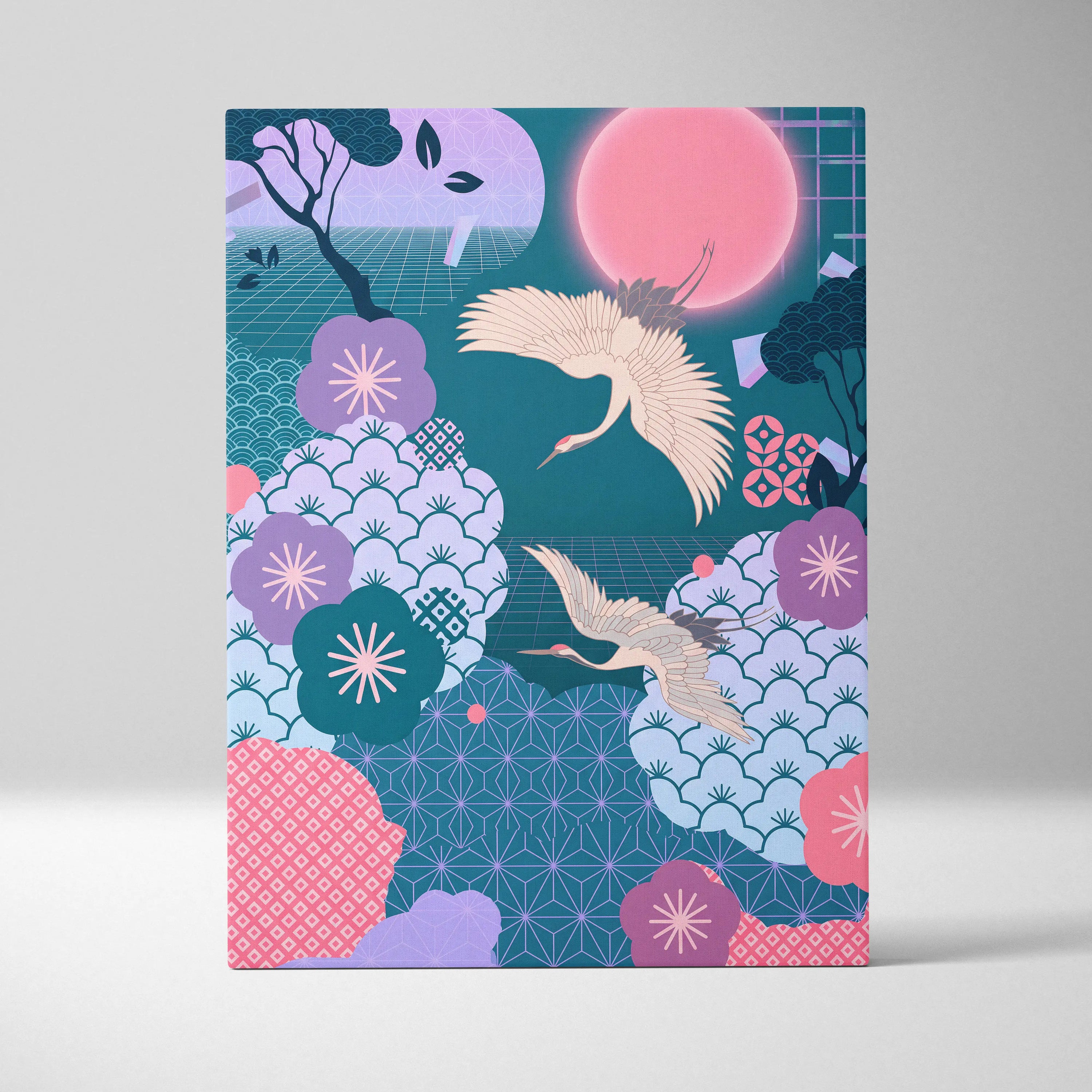 Pastel Vaporwave Japan Landscape Canvas - Japan Landscape Pink Teal Vaporwave Dreamy Retro Futurist Japanese Art Canvas