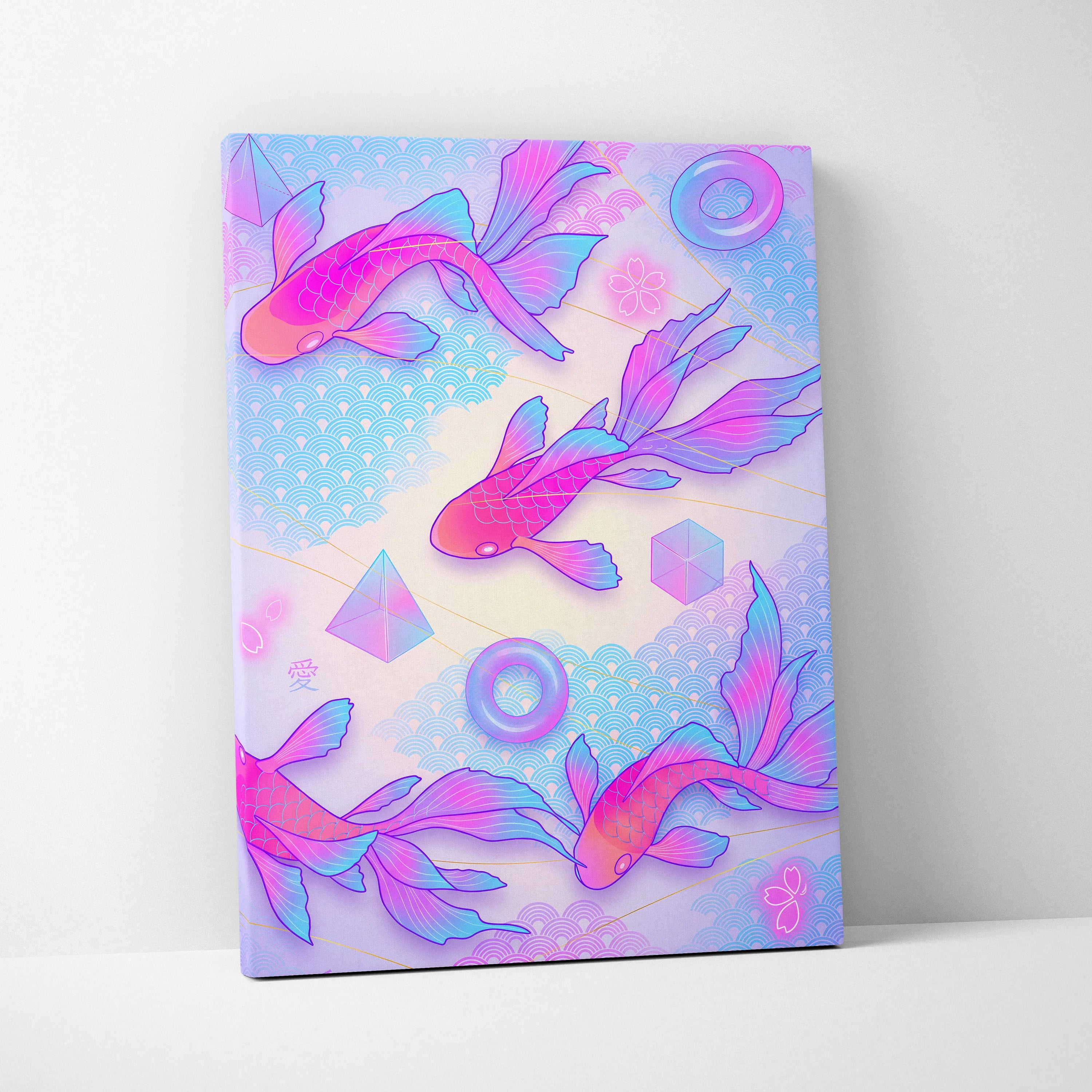 Pastel Neon Koi Wave Art - Koi Fish Vaporwave Japan Artwork Pastel Pink Blue For Living Room Decor Mood Dreamy Canvas