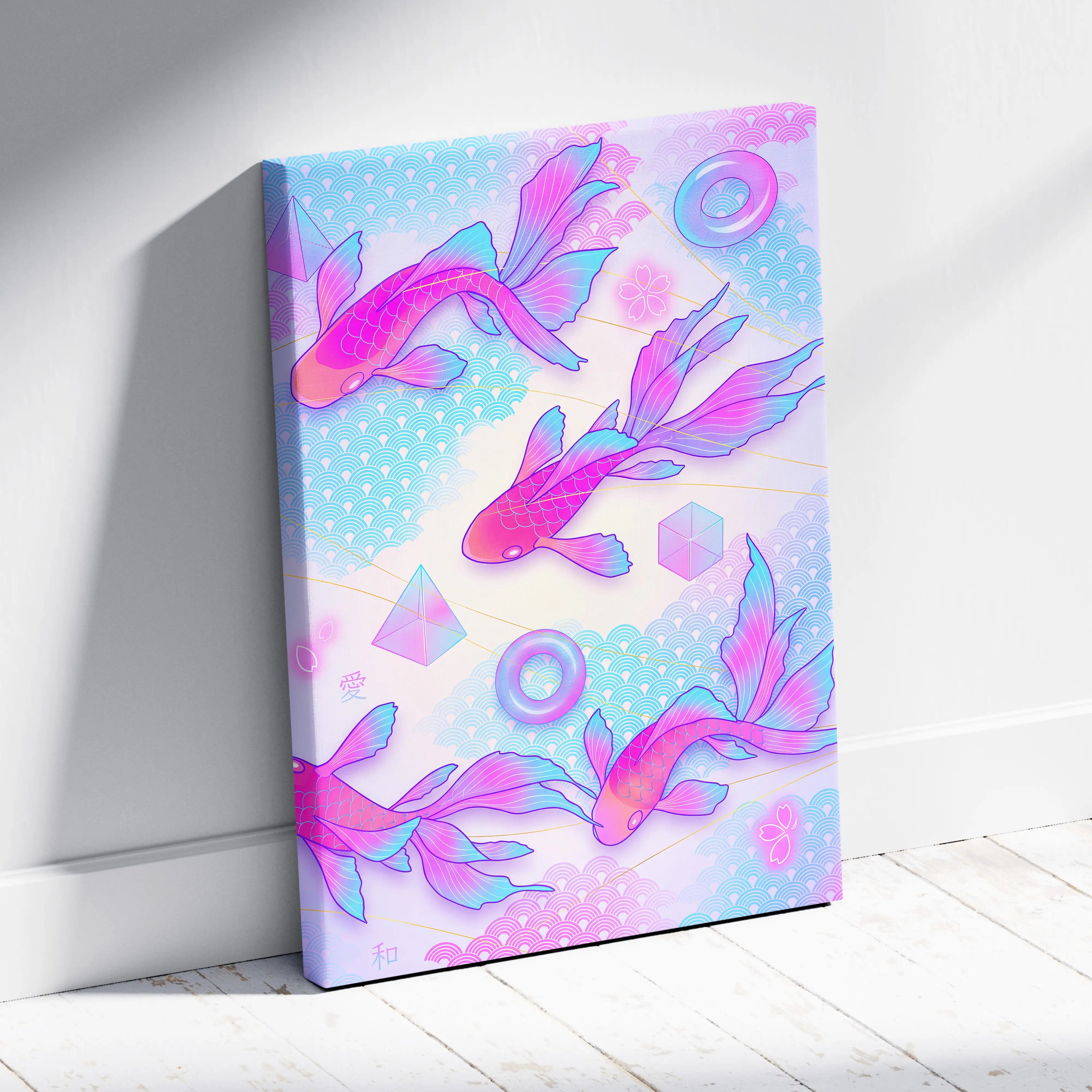 Pastel Neon Koi Wave Art - Koi Fish Vaporwave Japan Artwork Pastel Pink Blue For Living Room Decor Mood Dreamy Canvas