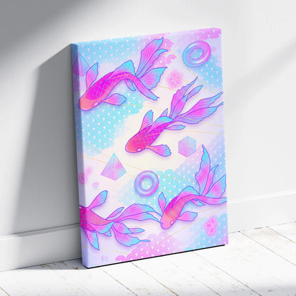 Pastel Neon Koi Wave Art - Koi Fish Vaporwave Japan Artwork Pastel Pink Blue For Living Room Decor Mood Dreamy Canvas