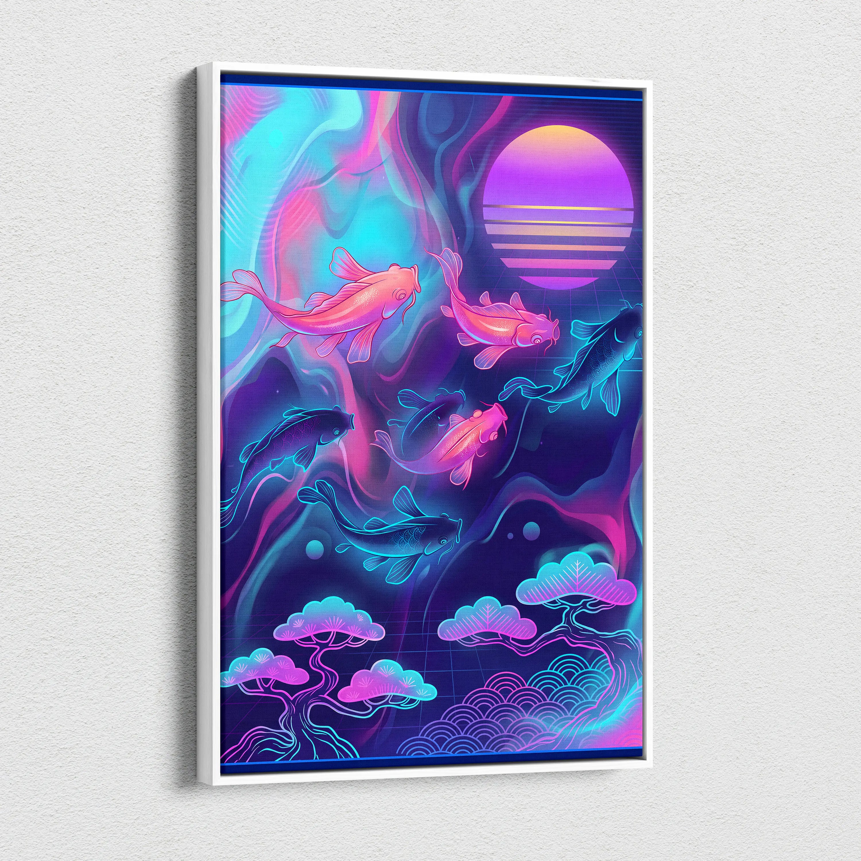 Koi Neon Sunset Canvas - Koi Neon Pink Cyan Living Room Vaporwave Dreamy Retro Futurism Japanese Art Canvas