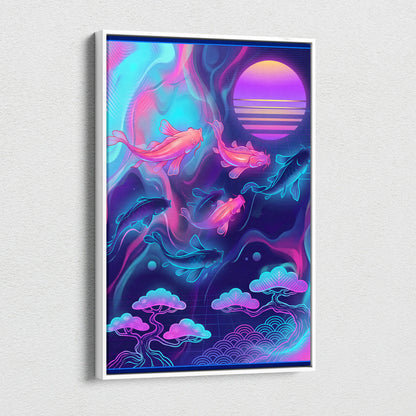 Koi Neon Sunset Canvas - Koi Neon Pink Cyan Living Room Vaporwave Dreamy Retro Futurism Japanese Art Canvas