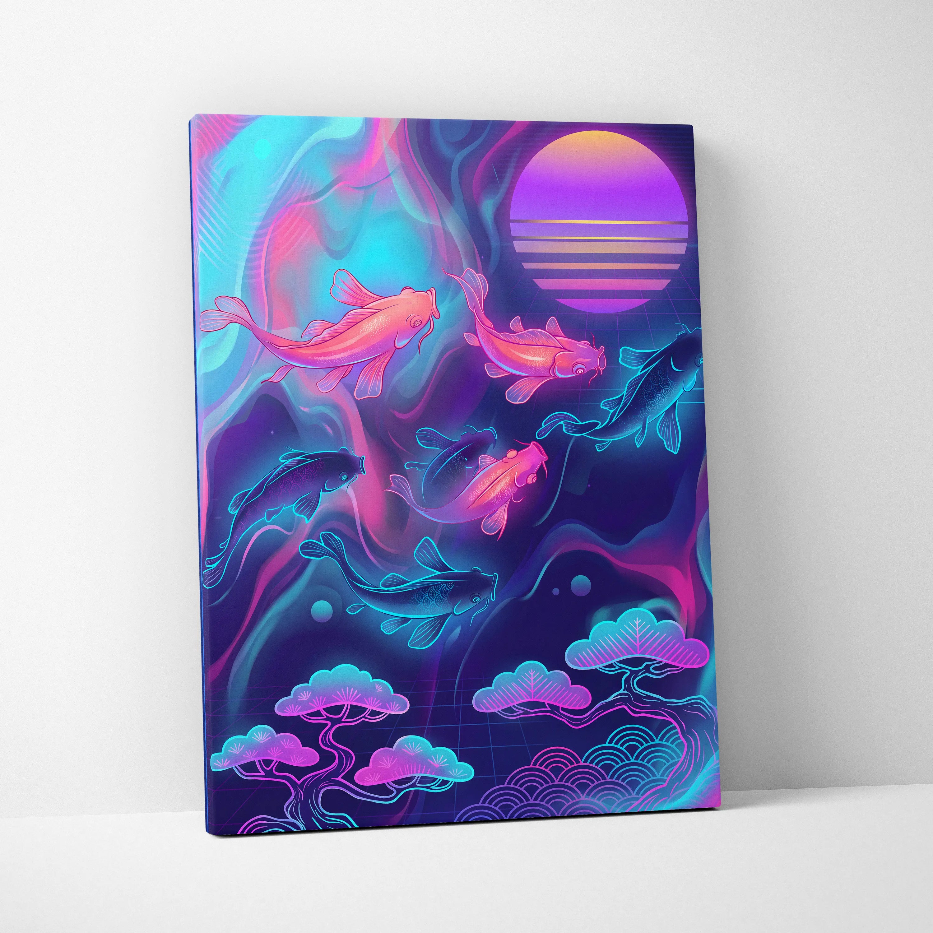 Koi Neon Sunset Canvas - Koi Neon Pink Cyan Living Room Vaporwave Dreamy Retro Futurism Japanese Art Canvas