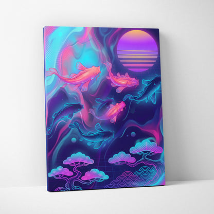 Koi Neon Sunset Canvas - Koi Neon Pink Cyan Living Room Vaporwave Dreamy Retro Futurism Japanese Art Canvas