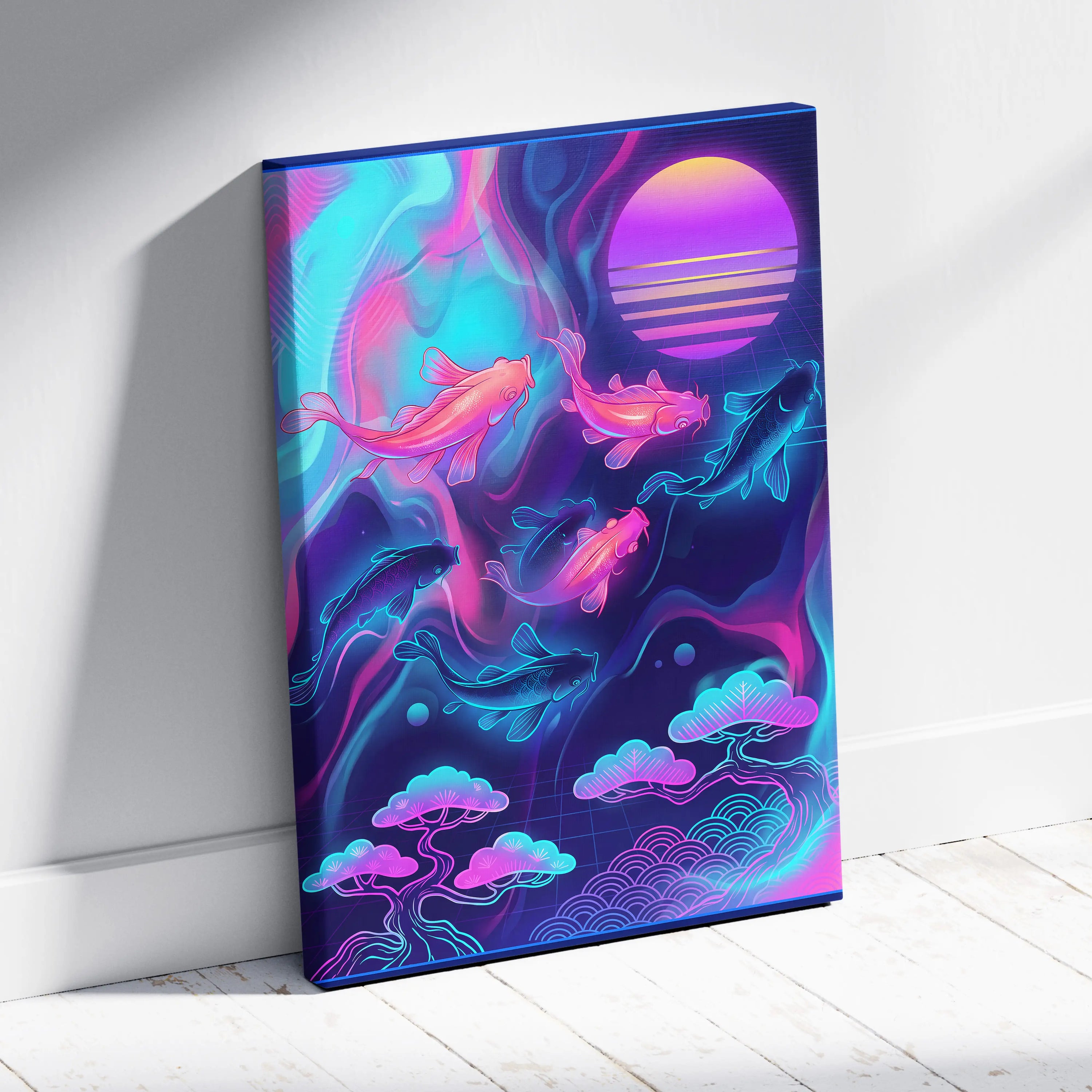Koi Neon Sunset Canvas - Koi Neon Pink Cyan Living Room Vaporwave Dreamy Retro Futurism Japanese Art Canvas