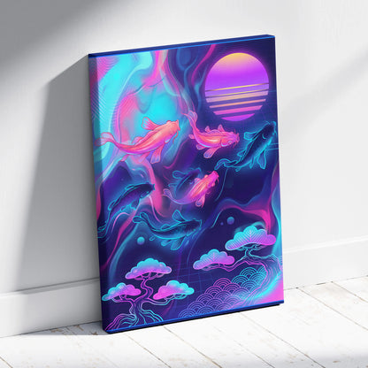 Koi Neon Sunset Canvas - Koi Neon Pink Cyan Living Room Vaporwave Dreamy Retro Futurism Japanese Art Canvas
